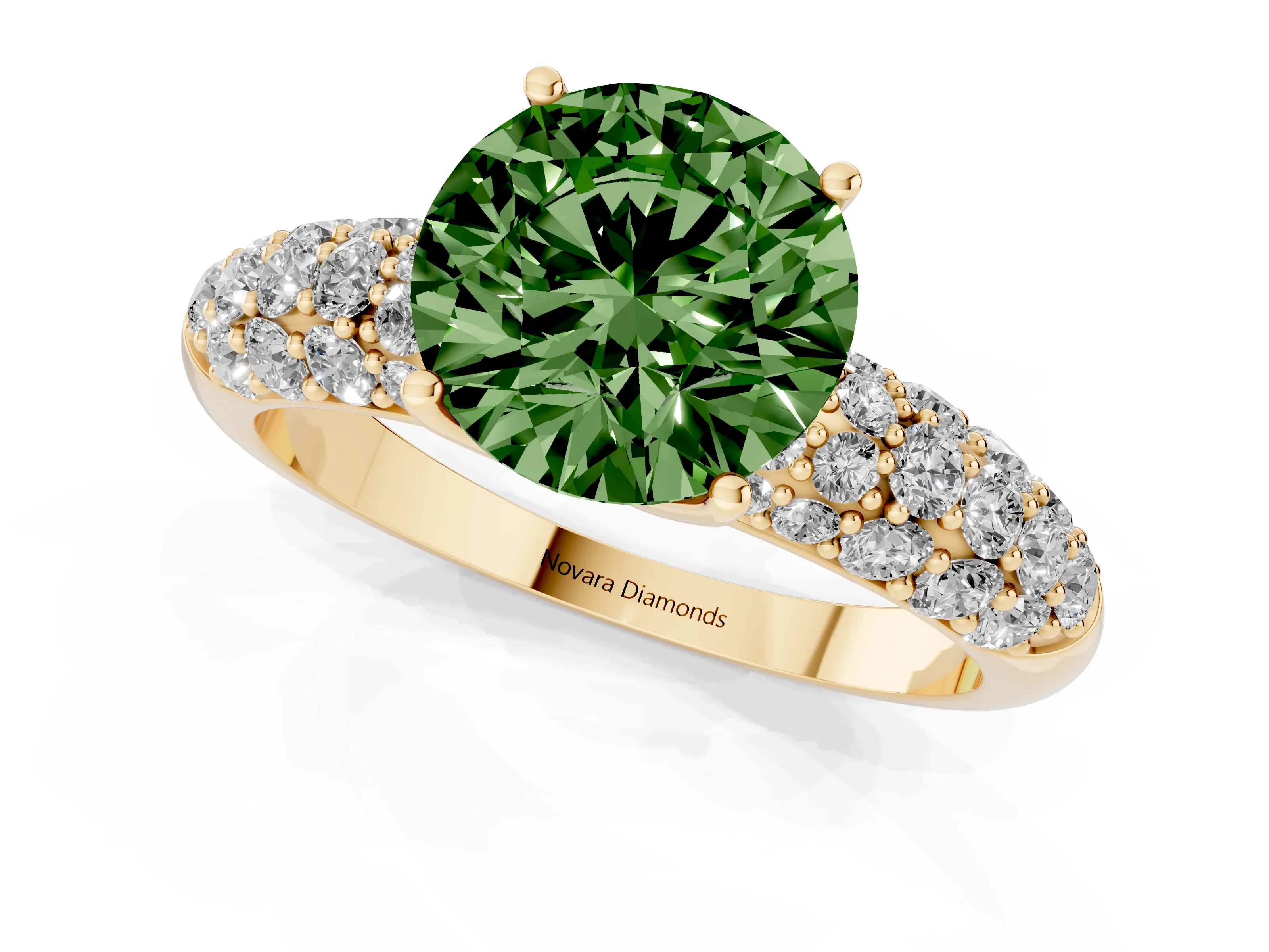 Fancy Green Round Cut Diamond Pavé Band Solitaire Ring Set in Yellow gold with Close-Set Accent Stones and Prong Setting