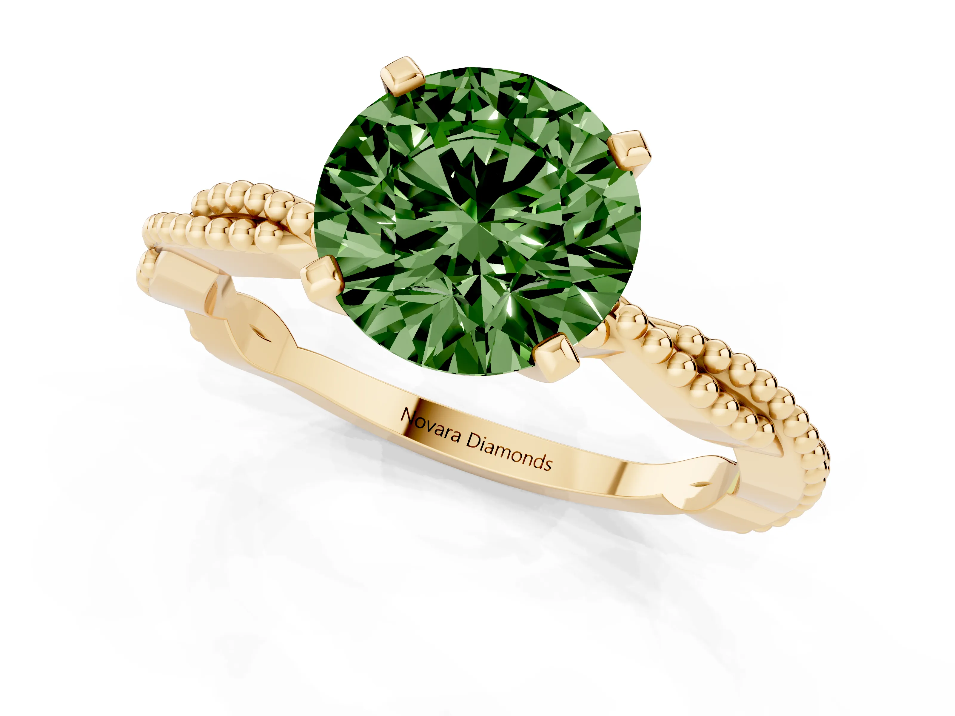 Fancy Green Round Cut Diamond Solitaire Ring Set in Yellow gold with Twisted Band and Bead Prong Setting