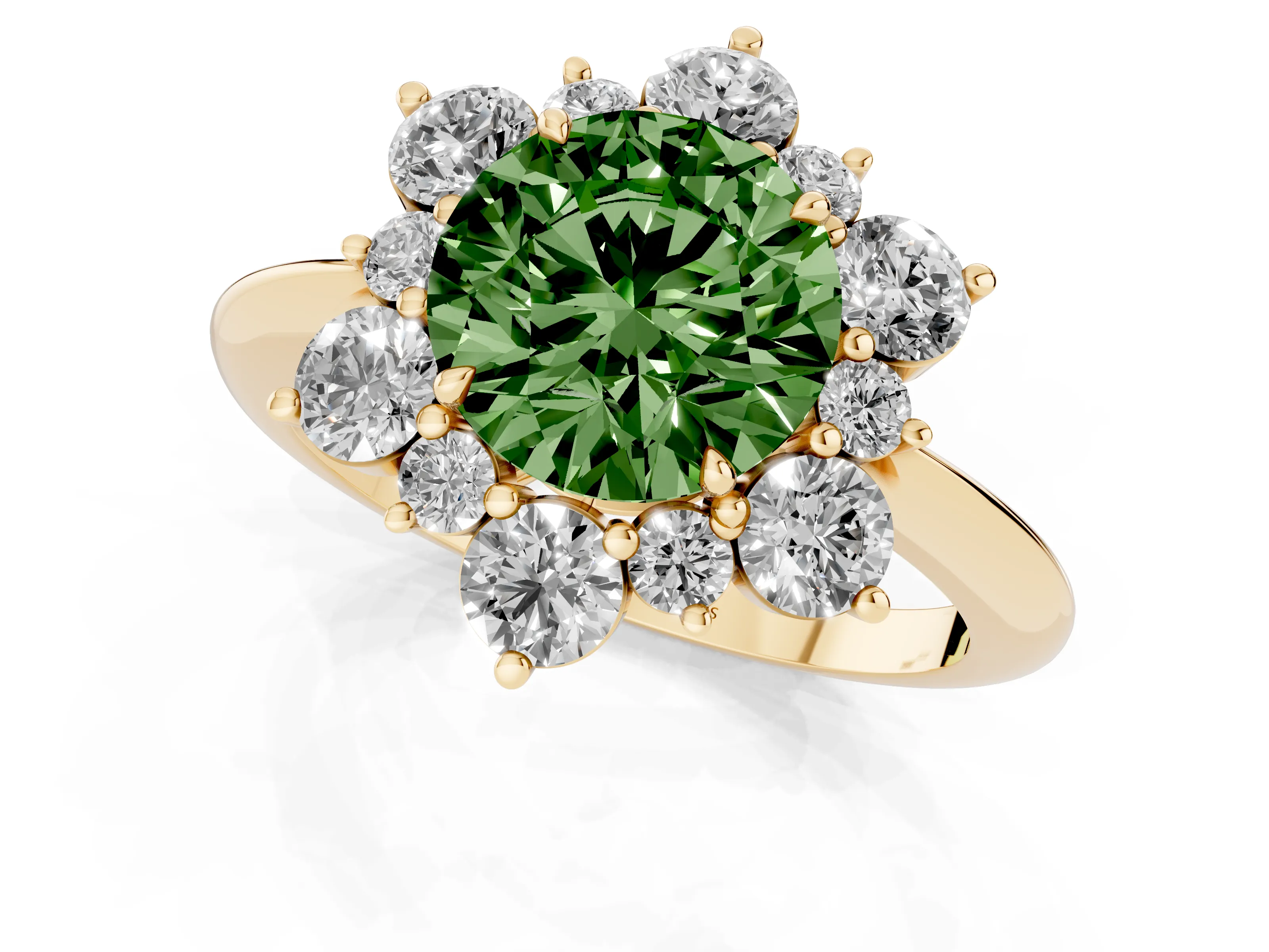 Fancy Green Round Cut Diamond Cluster Halo Ring Set in Yellow gold with Solitaire Band and Prong Setting