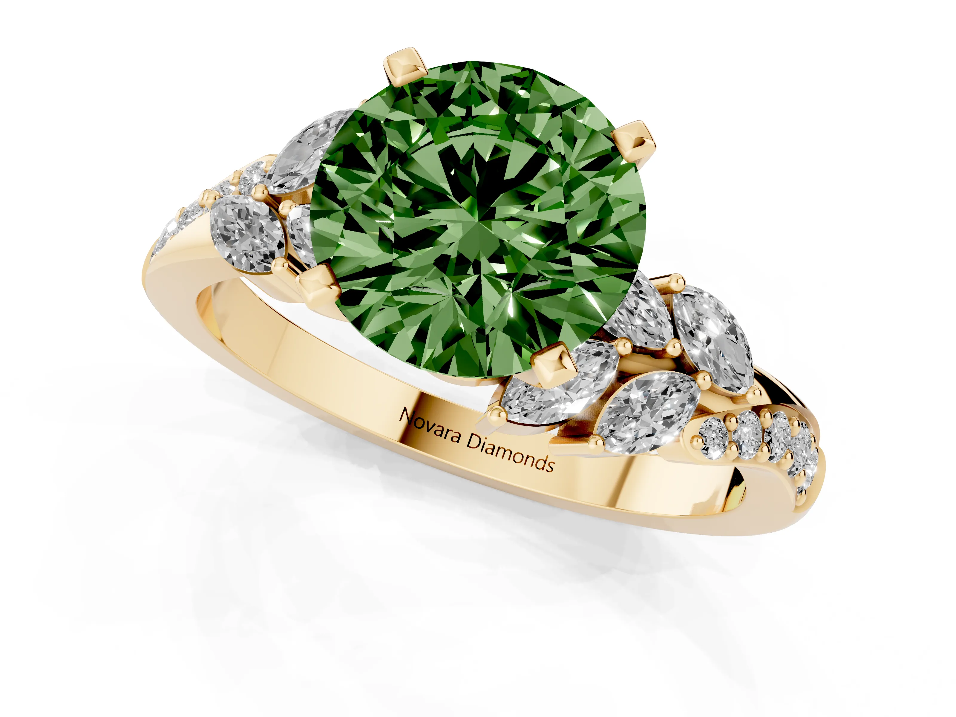 Fancy Green Round Cut Diamond Solitaire Ring Set in Yellow gold with Marquise Twist Band and Prong Setting