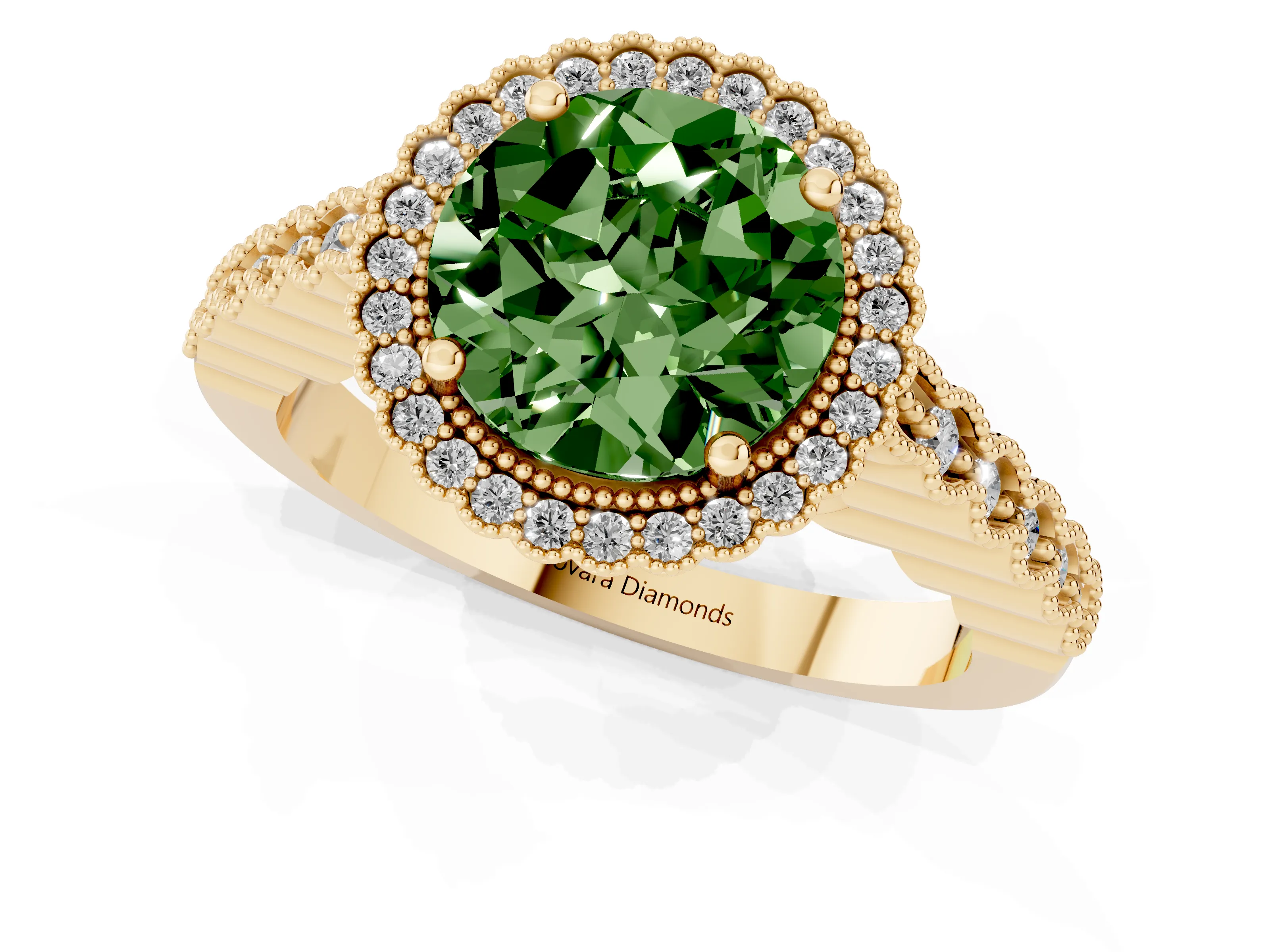 Fancy Green Round Cut Diamond Halo Ring Set in Yellow gold with Pavé Milgrain Band
