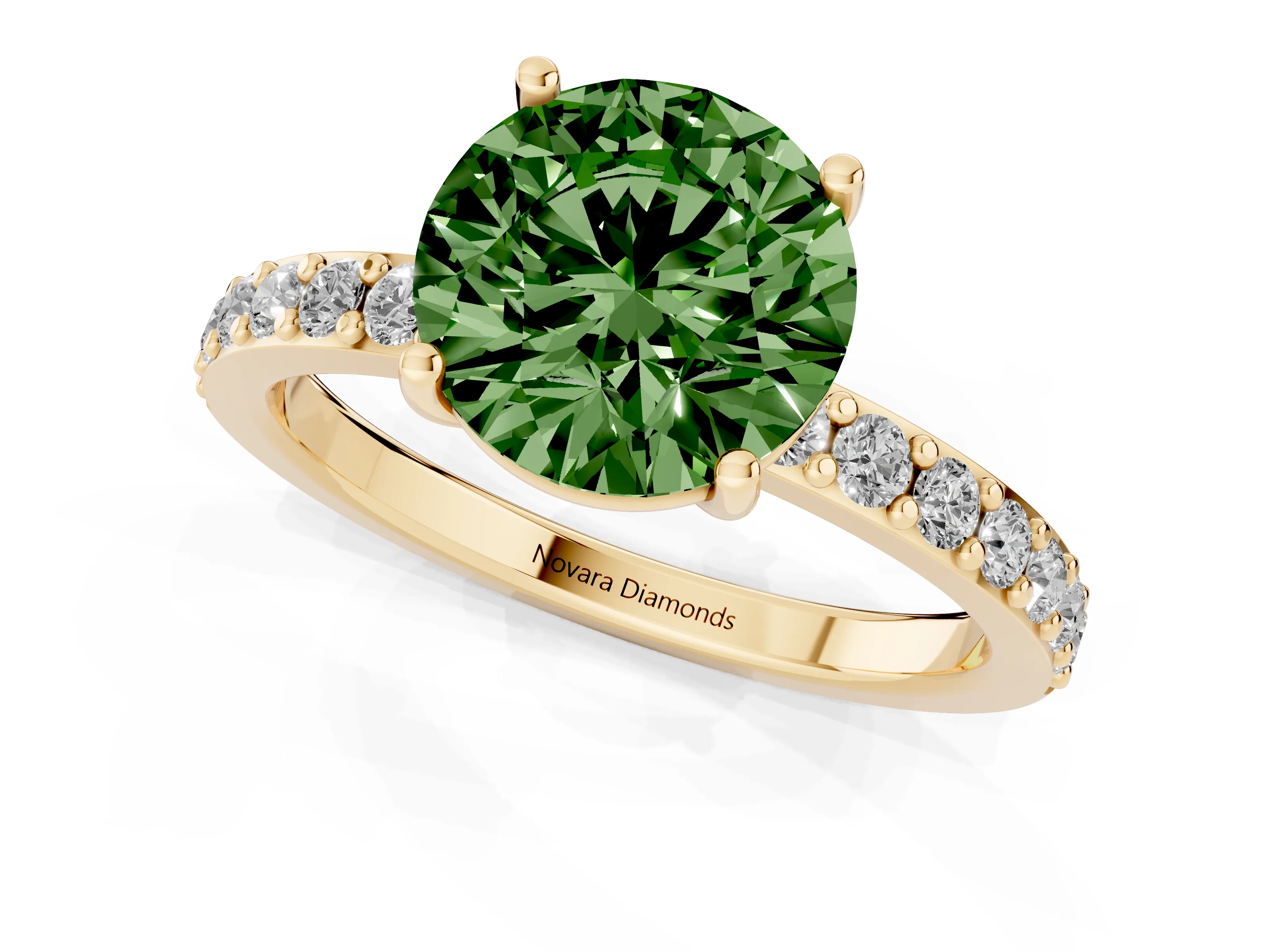 Fancy Green Round Cut Diamond Solitaire Set in Yellow gold with Round Pavé Band and Prong Setting