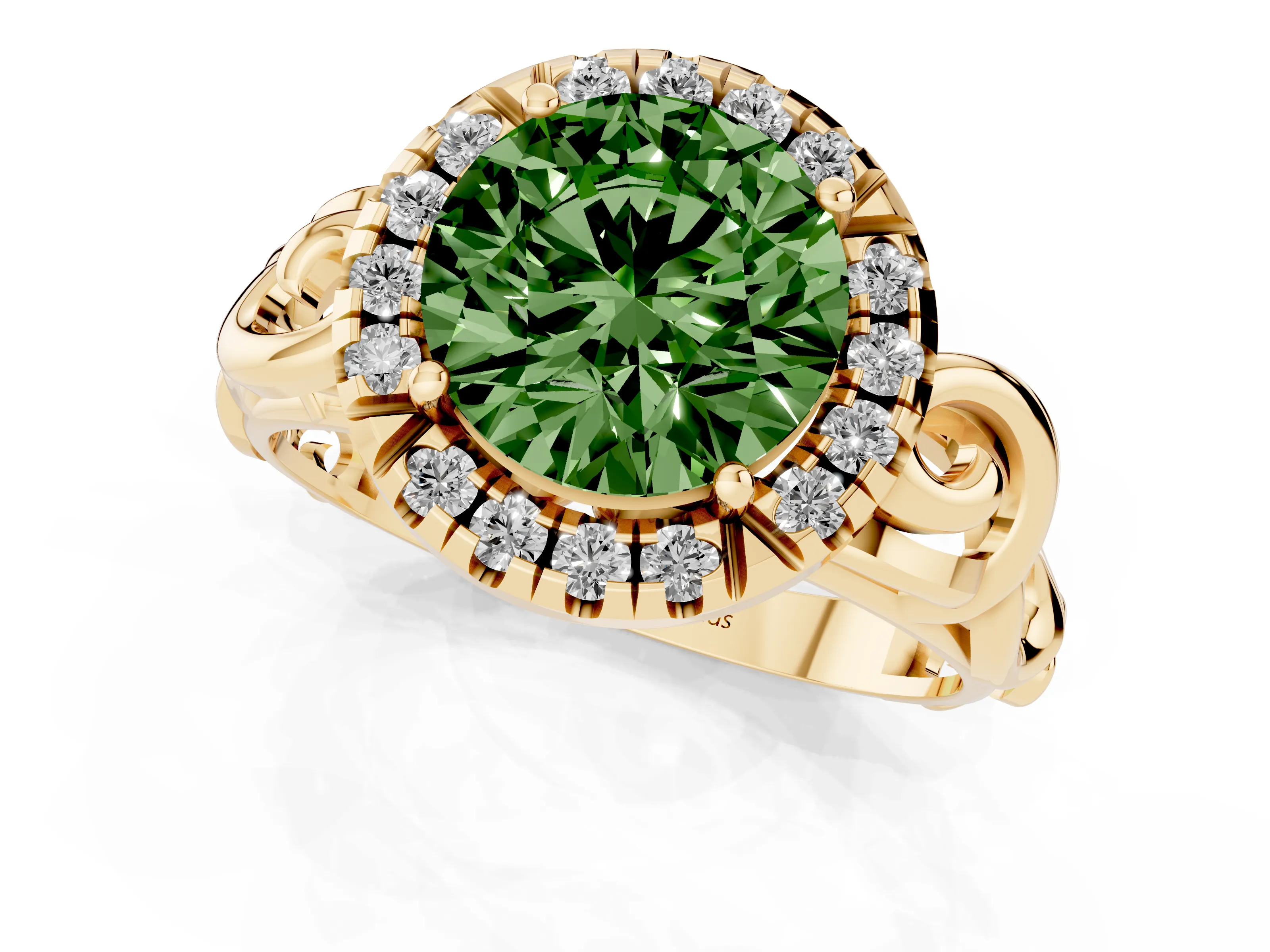 Fancy Green Round Cut Diamond Halo Ring Set in Yellow gold with Scrollwork Band and Prong Setting