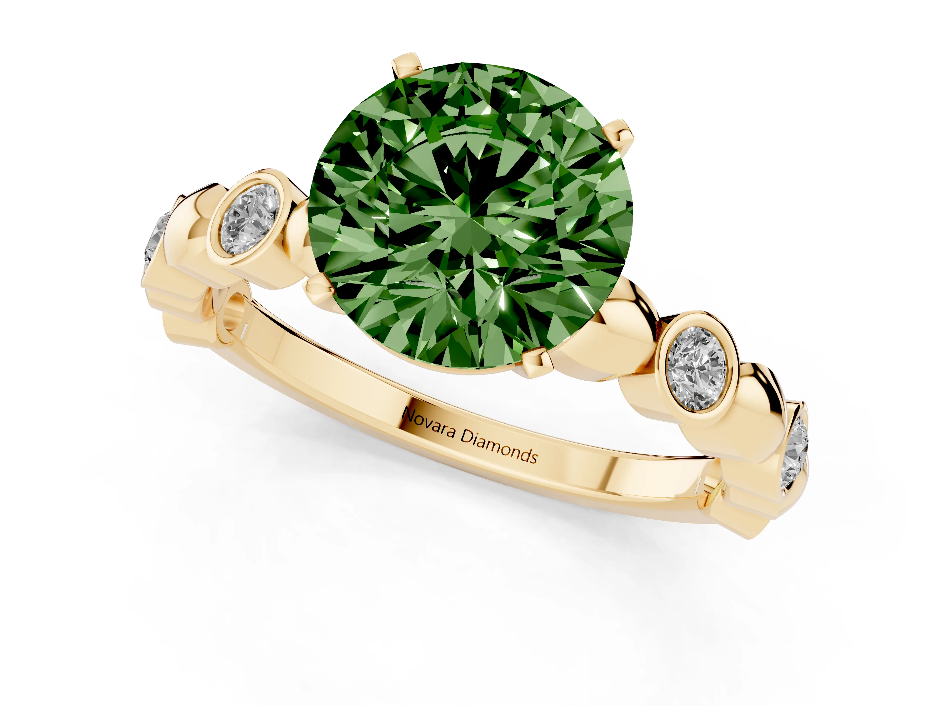 Fancy Green Round Cut Diamond Solitaire Ring Set in Yellow gold with Bezel-Set Accents on Beaded Band and Prong Setting