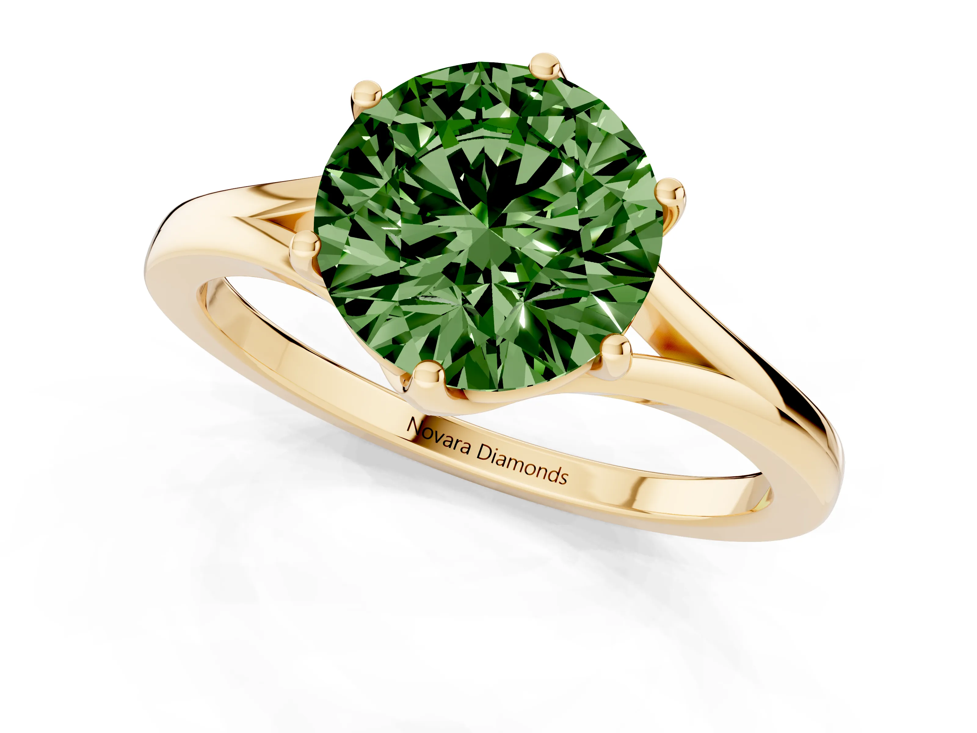 Fancy Green Round Cut Diamond Solitaire Ring Set in Yellow gold with Polished Tapered Band and Prong Setting
