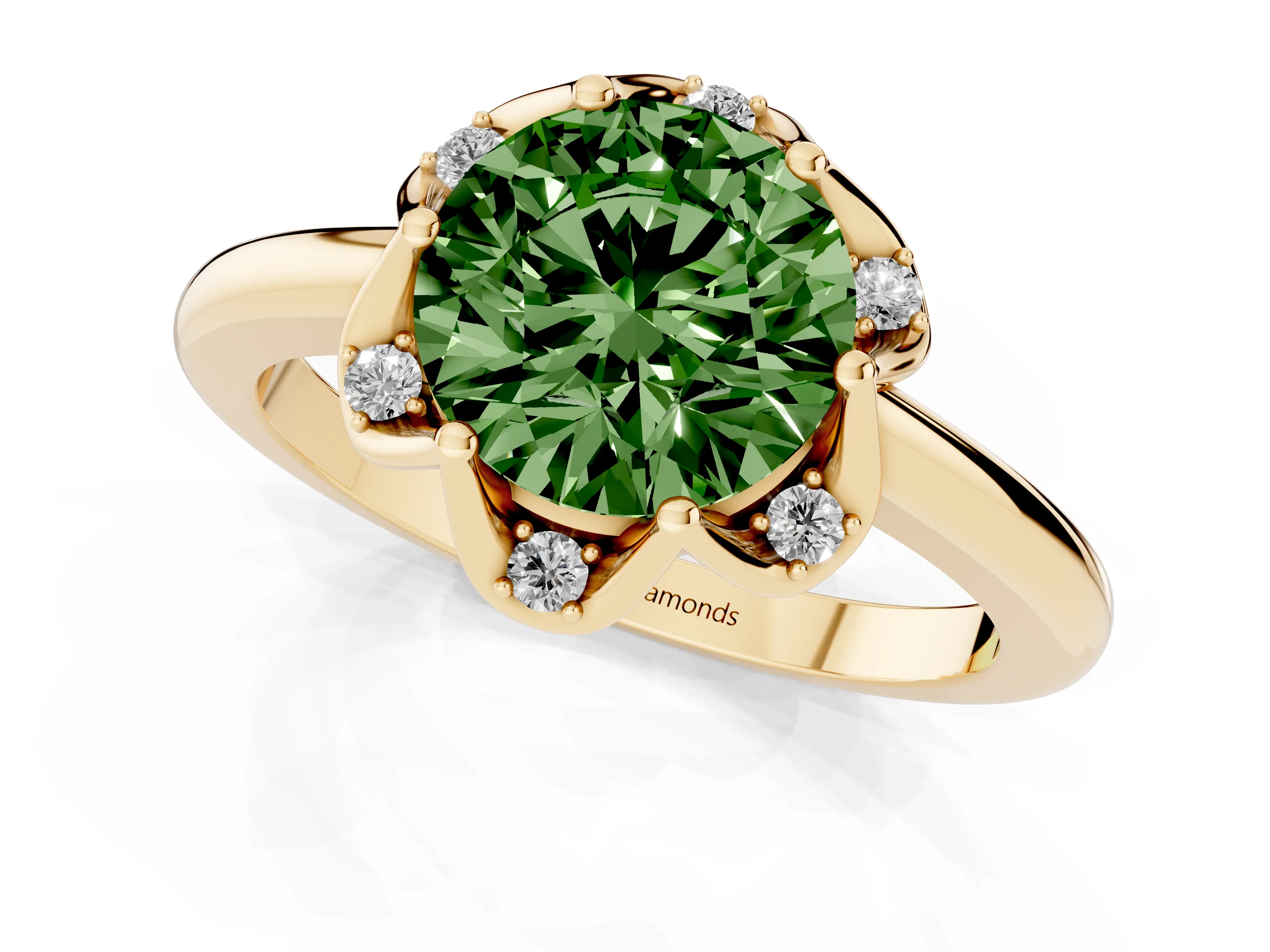 Fancy Green Round Cut Diamond Round Cluster Halo Ring Set in Yellow gold with Solitaire Band and Prong Setting
