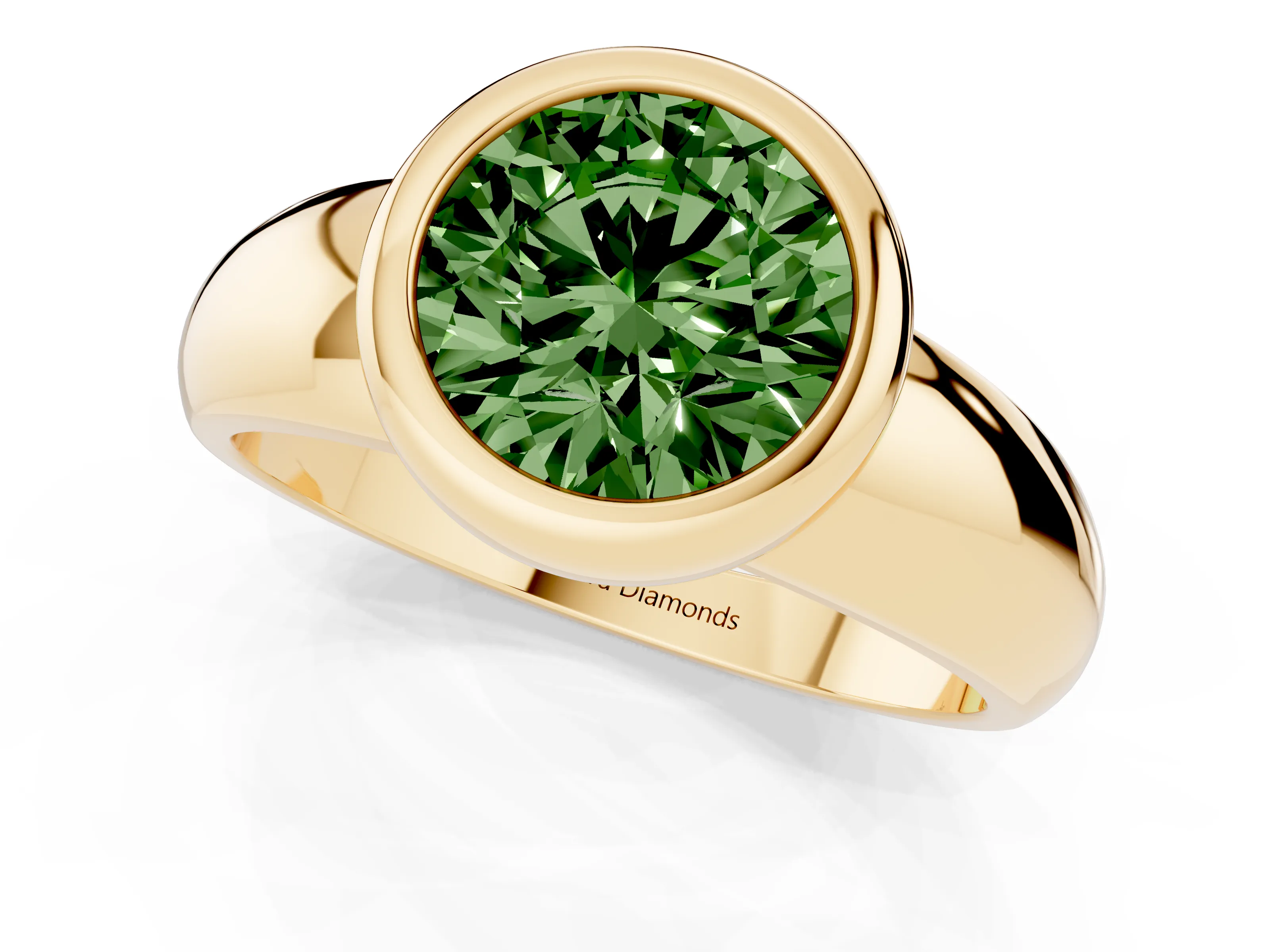 Fancy Green Bezel Set Round Cut Diamond Solitaire Ring Set in Yellow gold with Wide Band