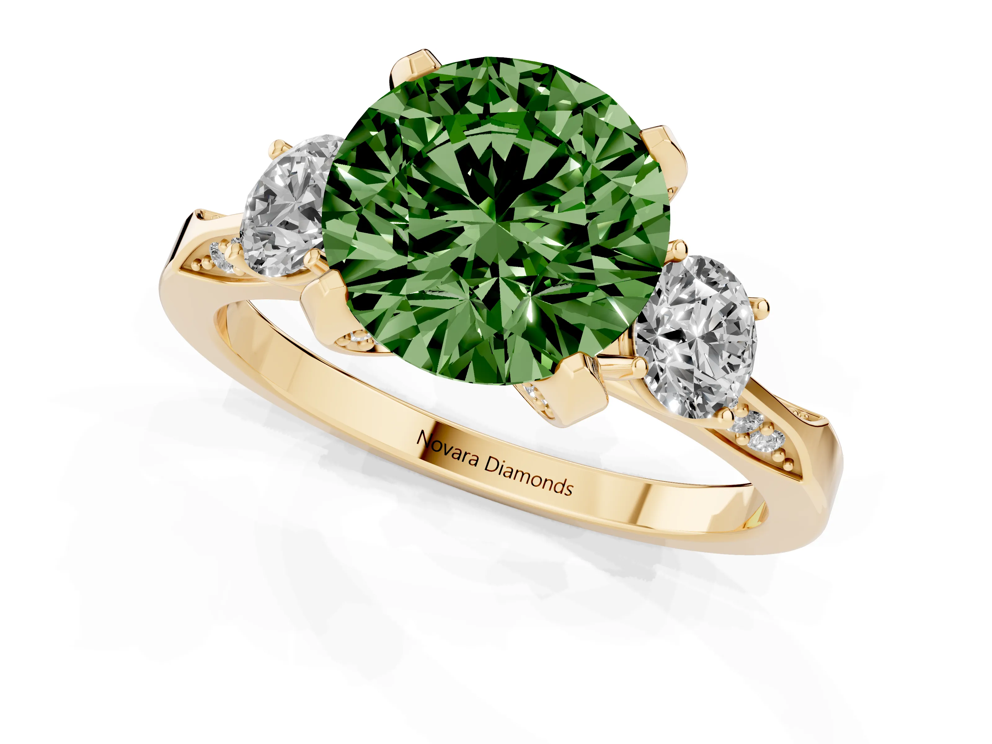 Fancy Green Round Cut Diamond Three-Stone Ring Set in Yellow gold with Pavé Band and Smaller Side Stones