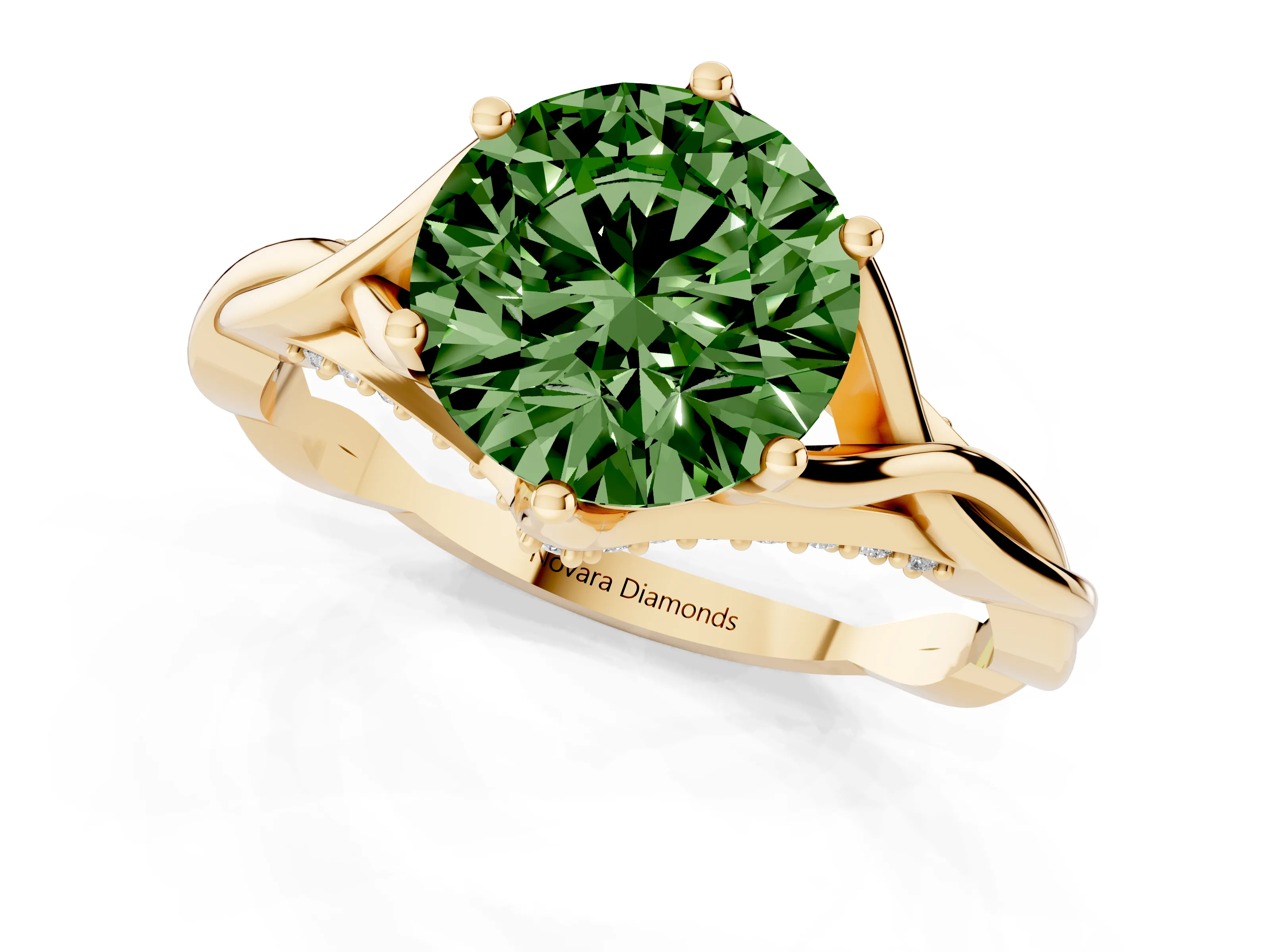 Fancy Green Round Cut Diamond Intertwined Twist Band Solitaire Ring Set in Yellow gold with Prong Setting
