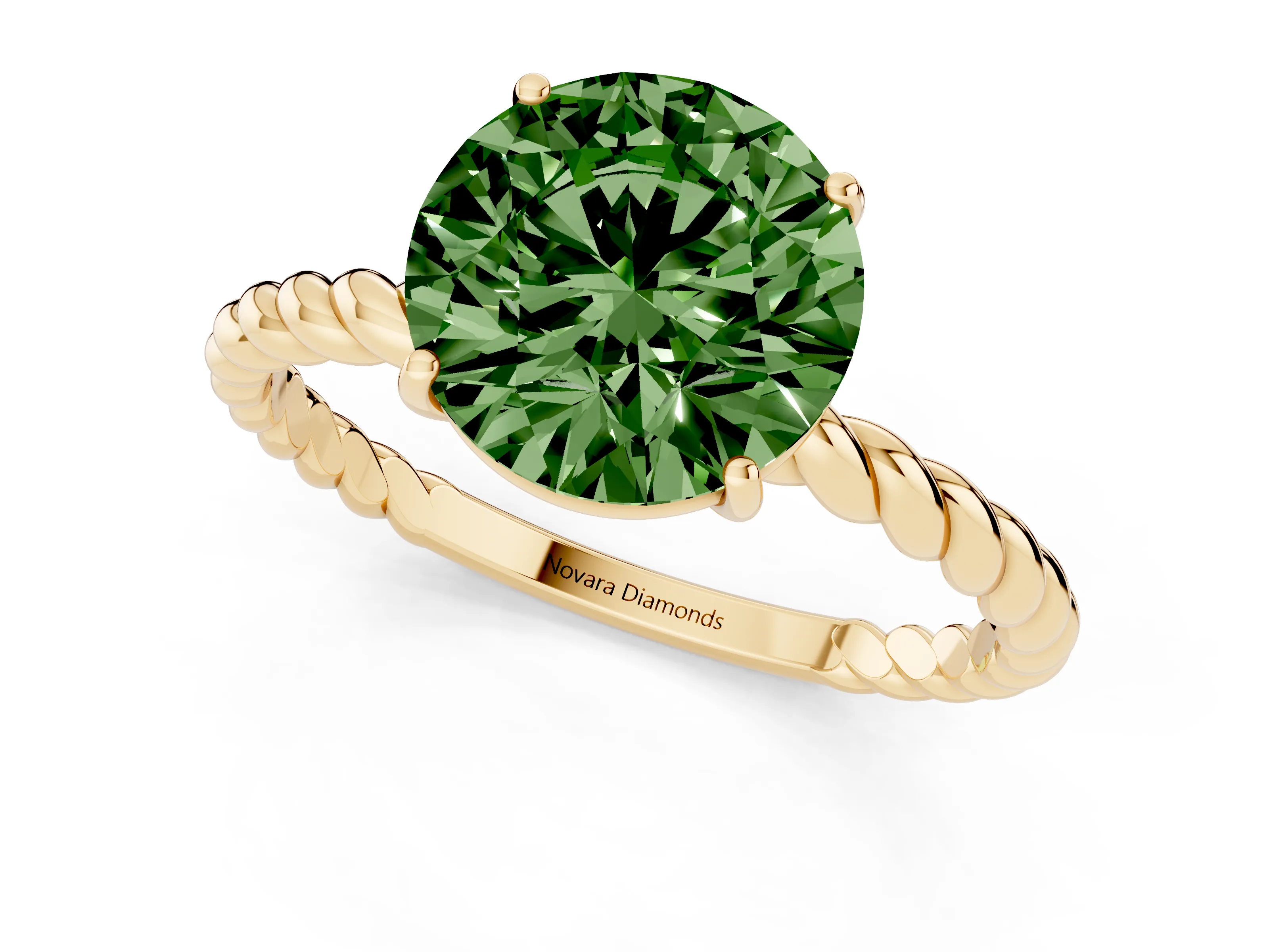 Fancy Green Round Cut Diamond Solitaire Ring Set in Yellow gold with Twist Band and Prong Setting