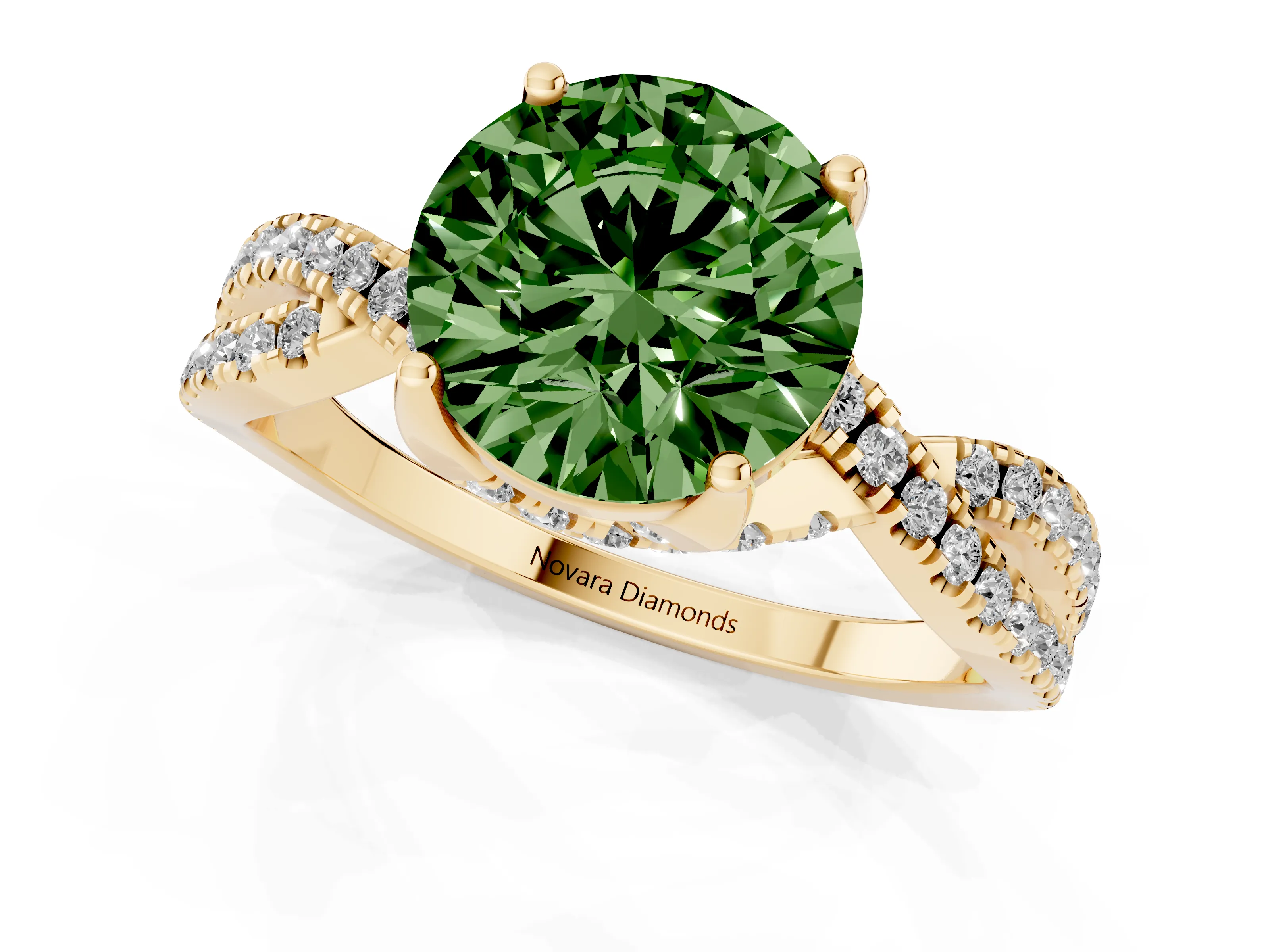 Fancy Green Round Cut Diamond Twist Pavé Solitaire Engagement Ring Set in Yellow gold with Prong Setting