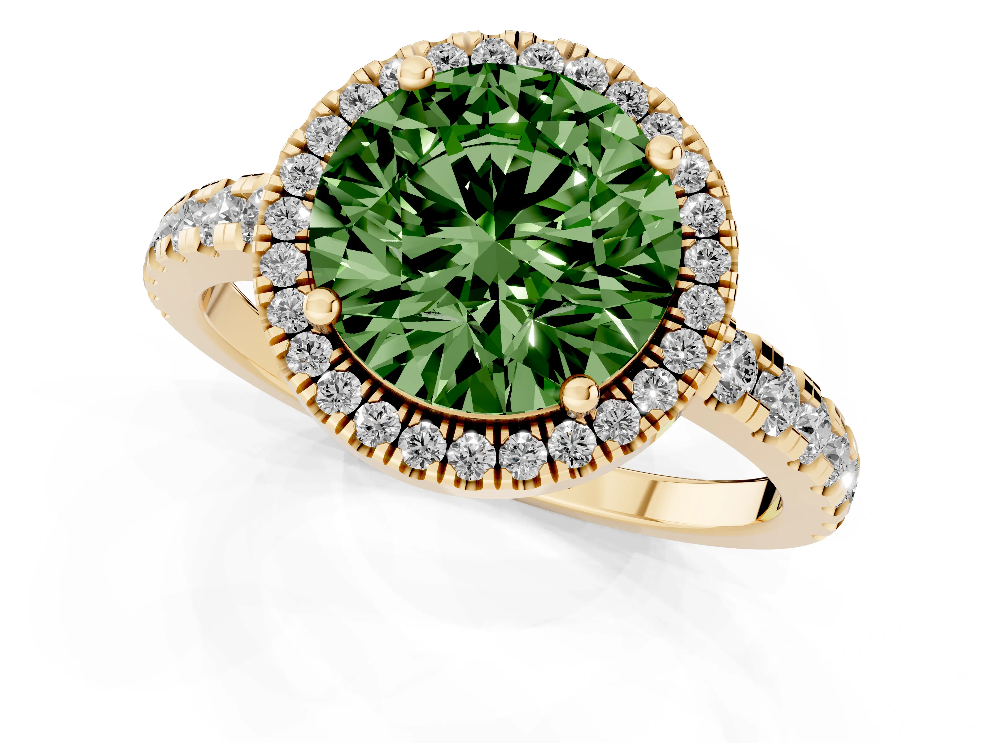 Fancy Green Round Cut Diamond Halo Ring Set in Yellow gold with Delicate Pavé Band and Prong Setting