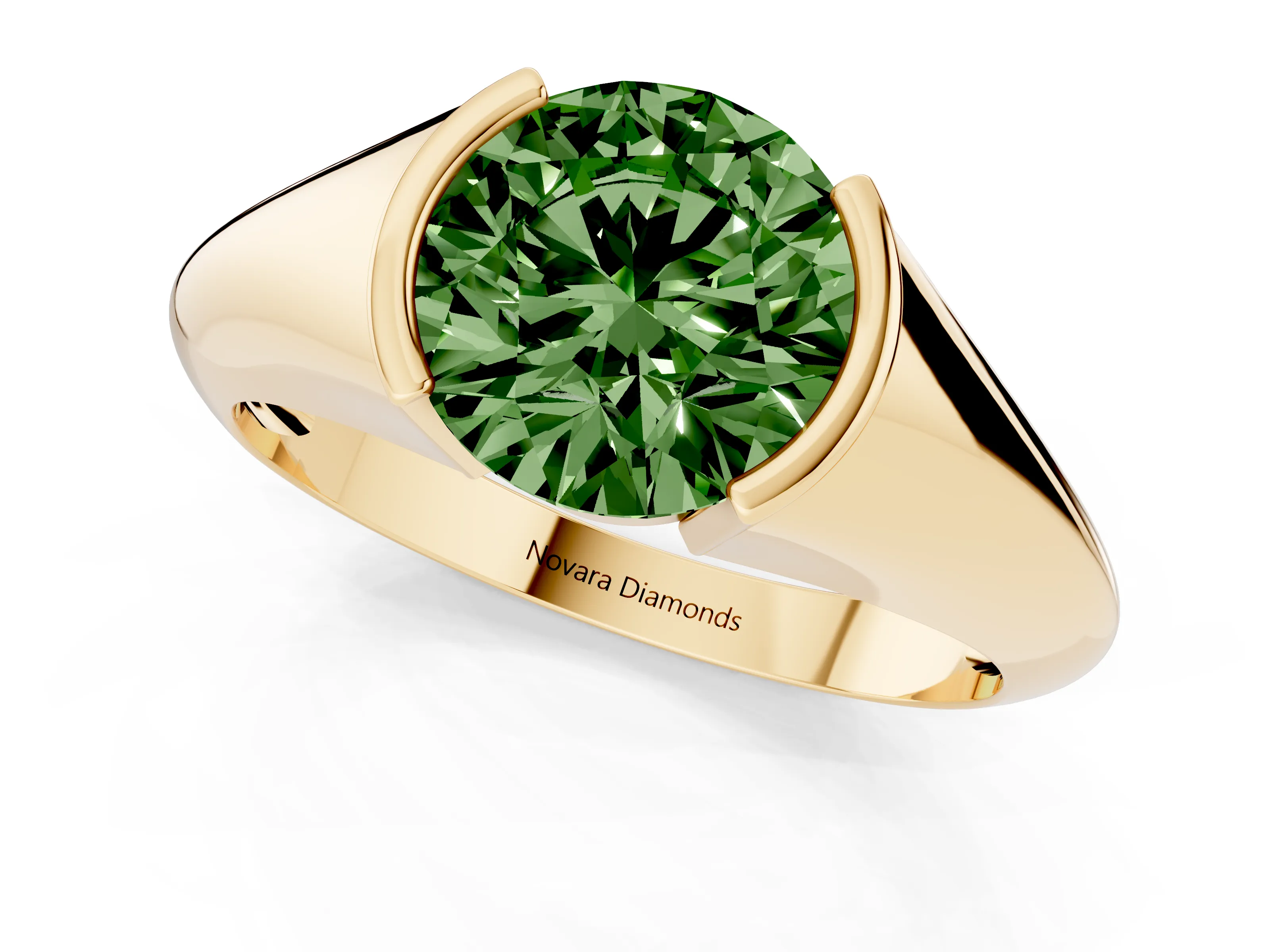 Fancy Green Round Cut Diamond Solitaire Tension Set Ring Set in Yellow gold