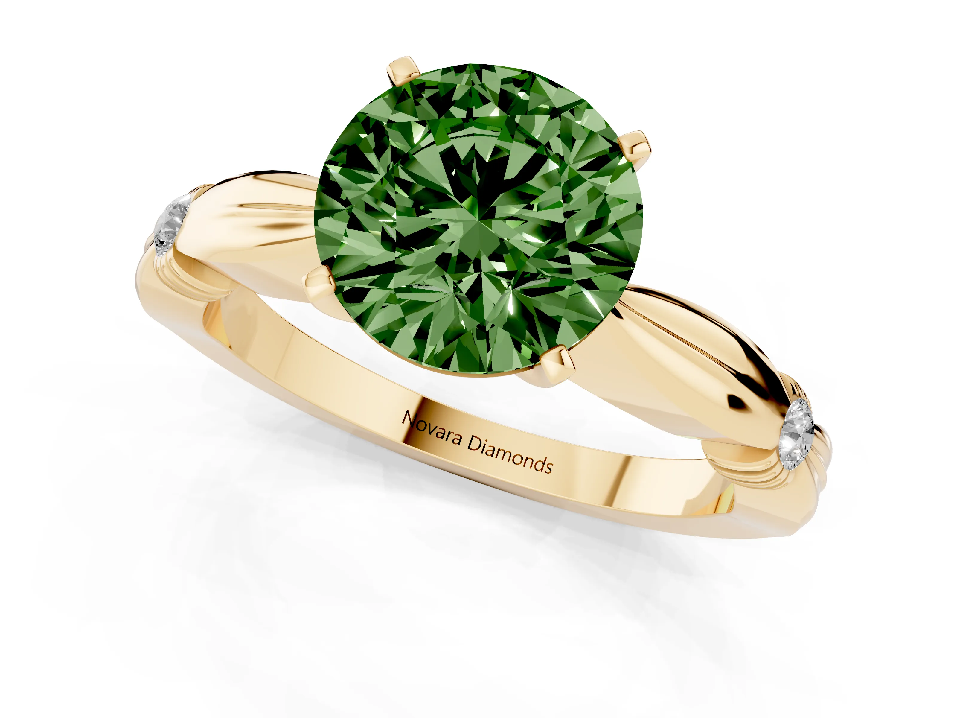 Fancy Green Round Cut Diamond Solitaire Twisted Band Ring Set in Yellow gold with Accent Stones and Prong Setting – second view