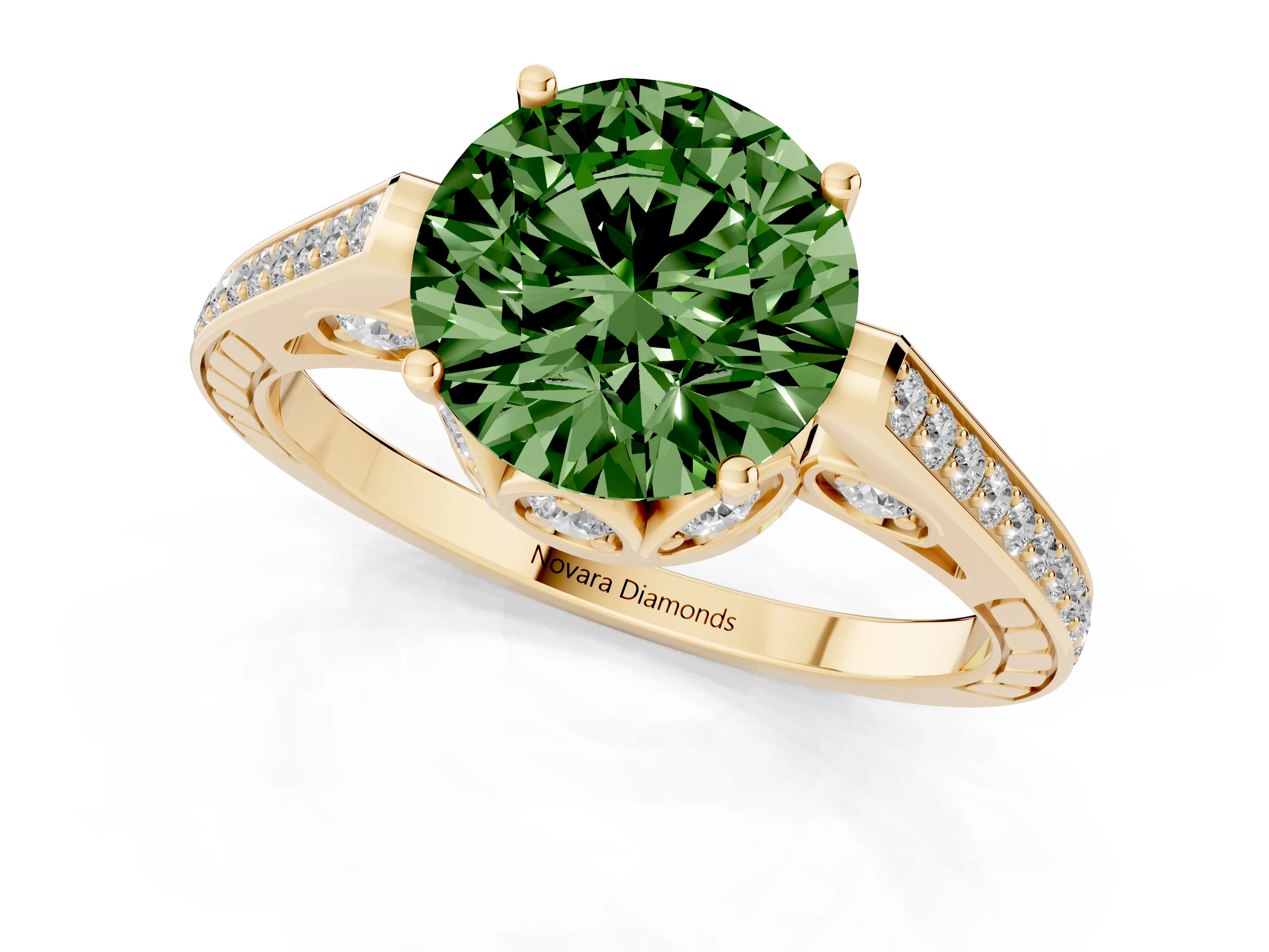 Fancy Green Round Cut Diamond Cathedral Pavé Engagement Ring Set in Yellow gold with Prong Setting