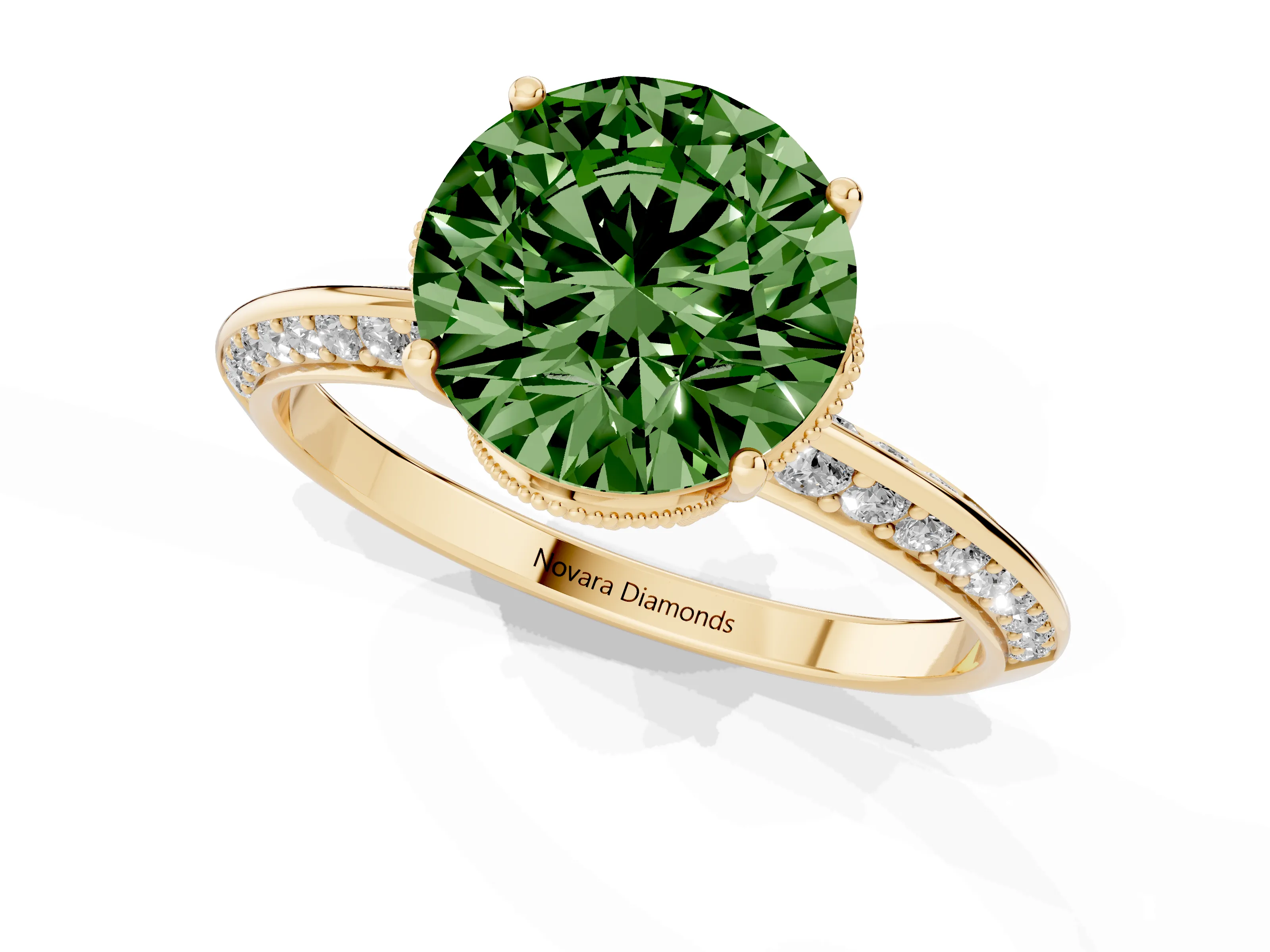 Fancy Green Round Cut Diamond Solitaire Engagement Ring Set in Yellow gold with Pavé Split Shank and Prong Setting