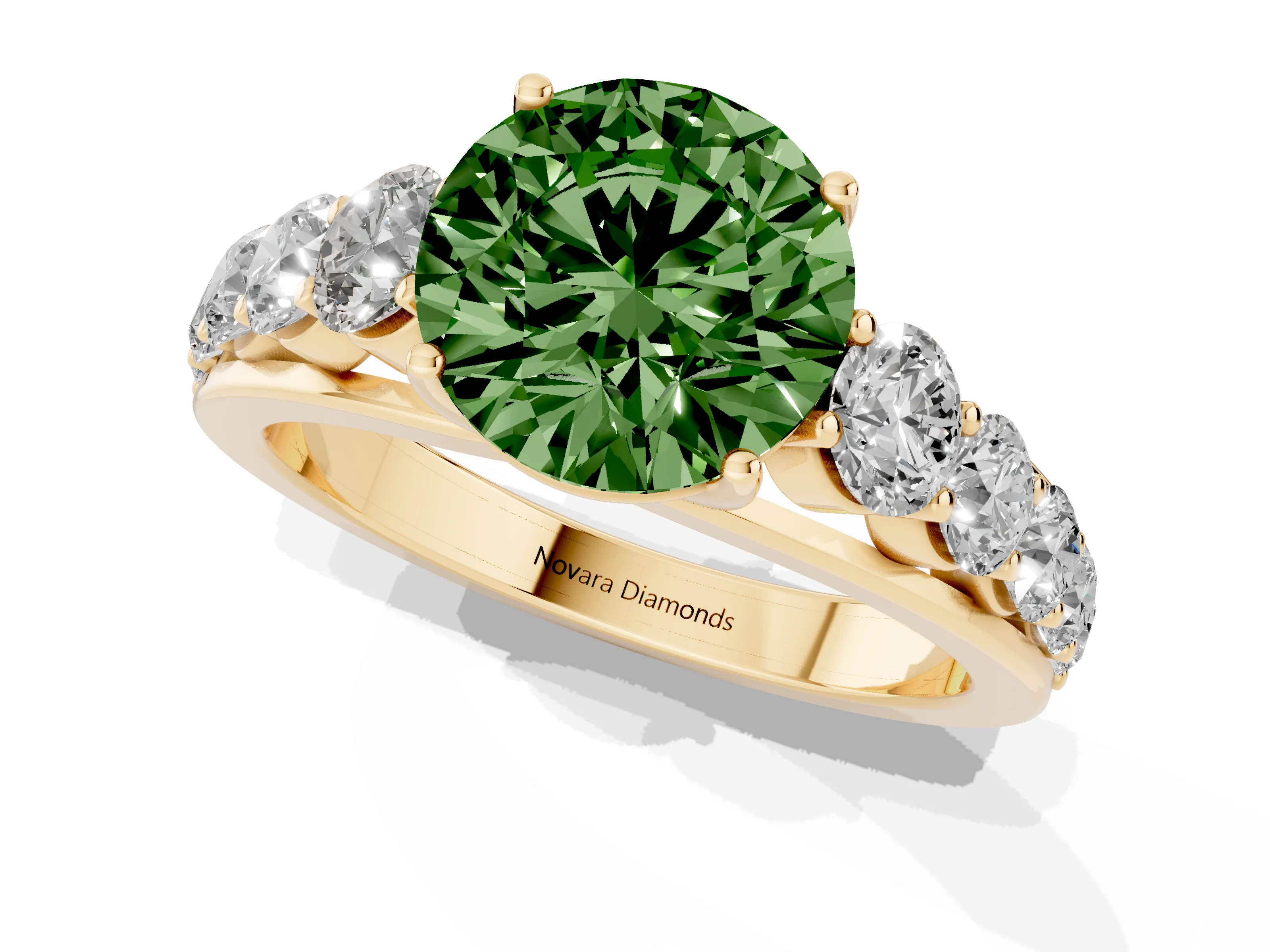 Fancy Green Round Cut Diamond Solitaire Ring Set in Yellow gold with Pavé-Set Band and Prong Setting