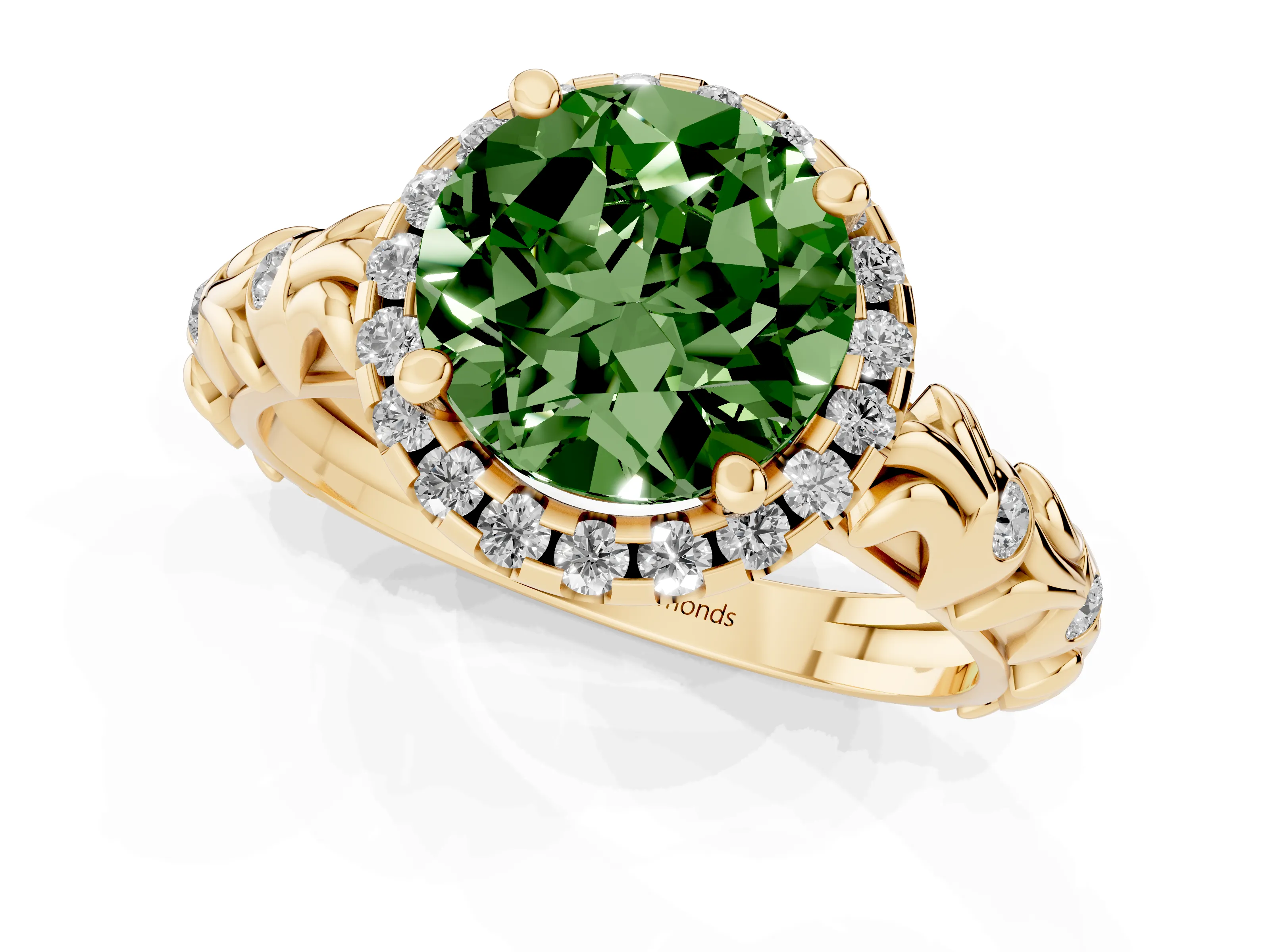 Fancy Green Round Cut Diamond Halo Ring Set in Yellow gold with Filigree Leaf Band and Prong Setting