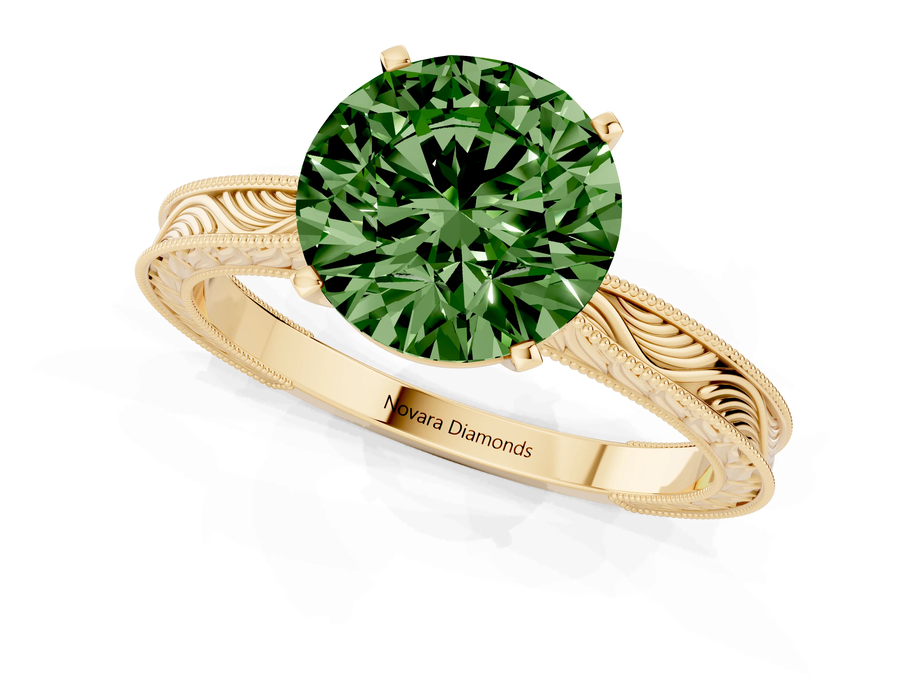 Fancy Green Round Cut Diamond Solitaire Milgrain Engraved Band Set in Yellow gold with Prong Setting