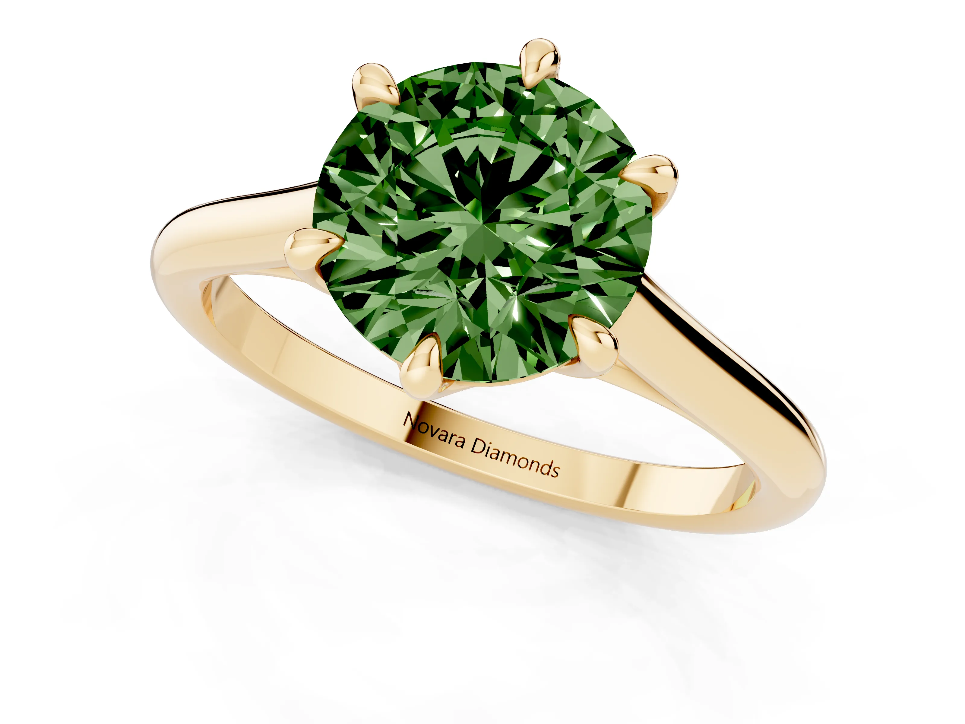 Fancy Green Round Cut Diamond Solitaire Engagement Ring Set in Yellow gold with Prong Setting and Plain Classic Band