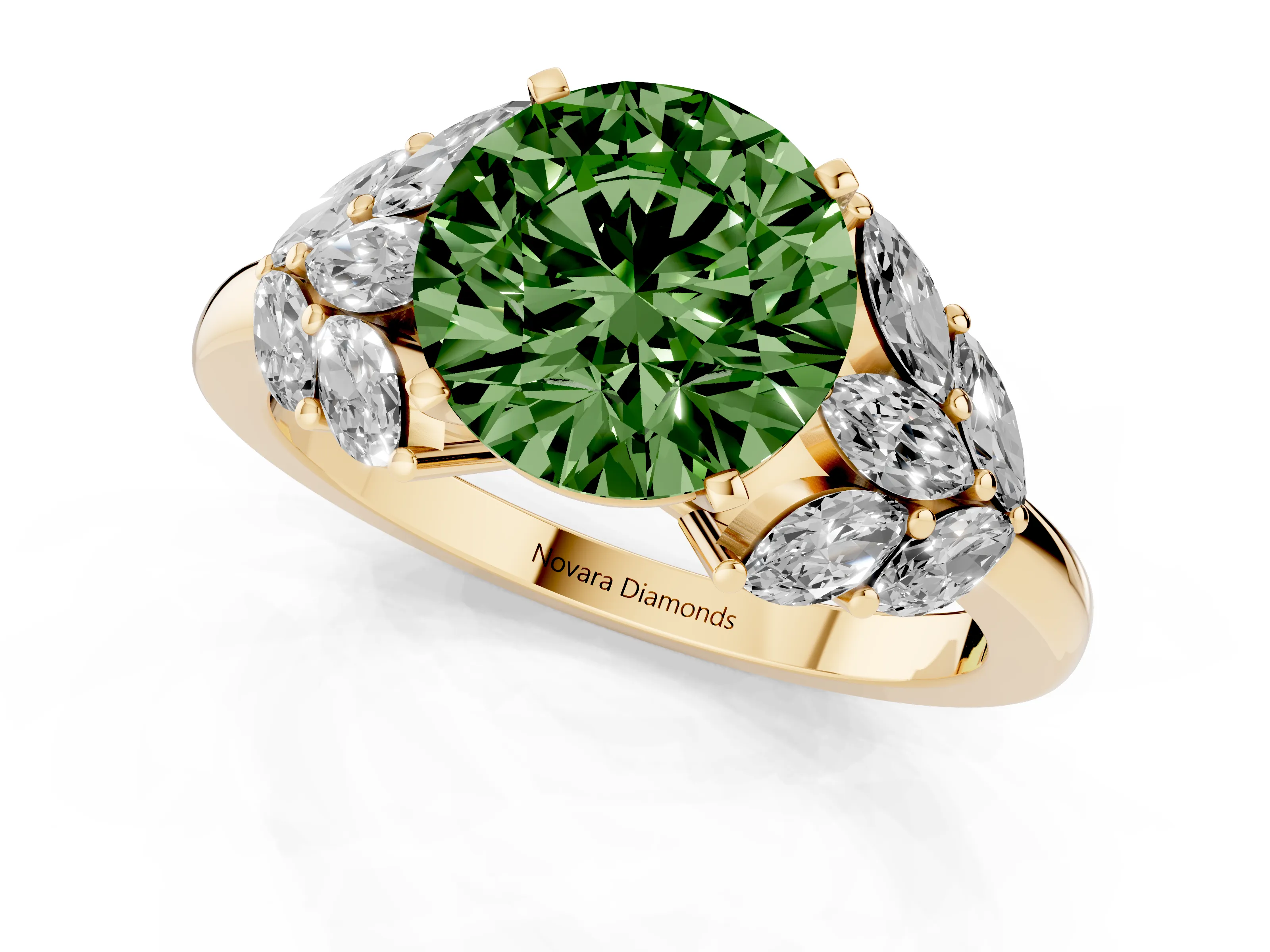 Fancy Green Round Cut Diamond Cluster Leaf Design Ring Set in Yellow gold with Prong Setting