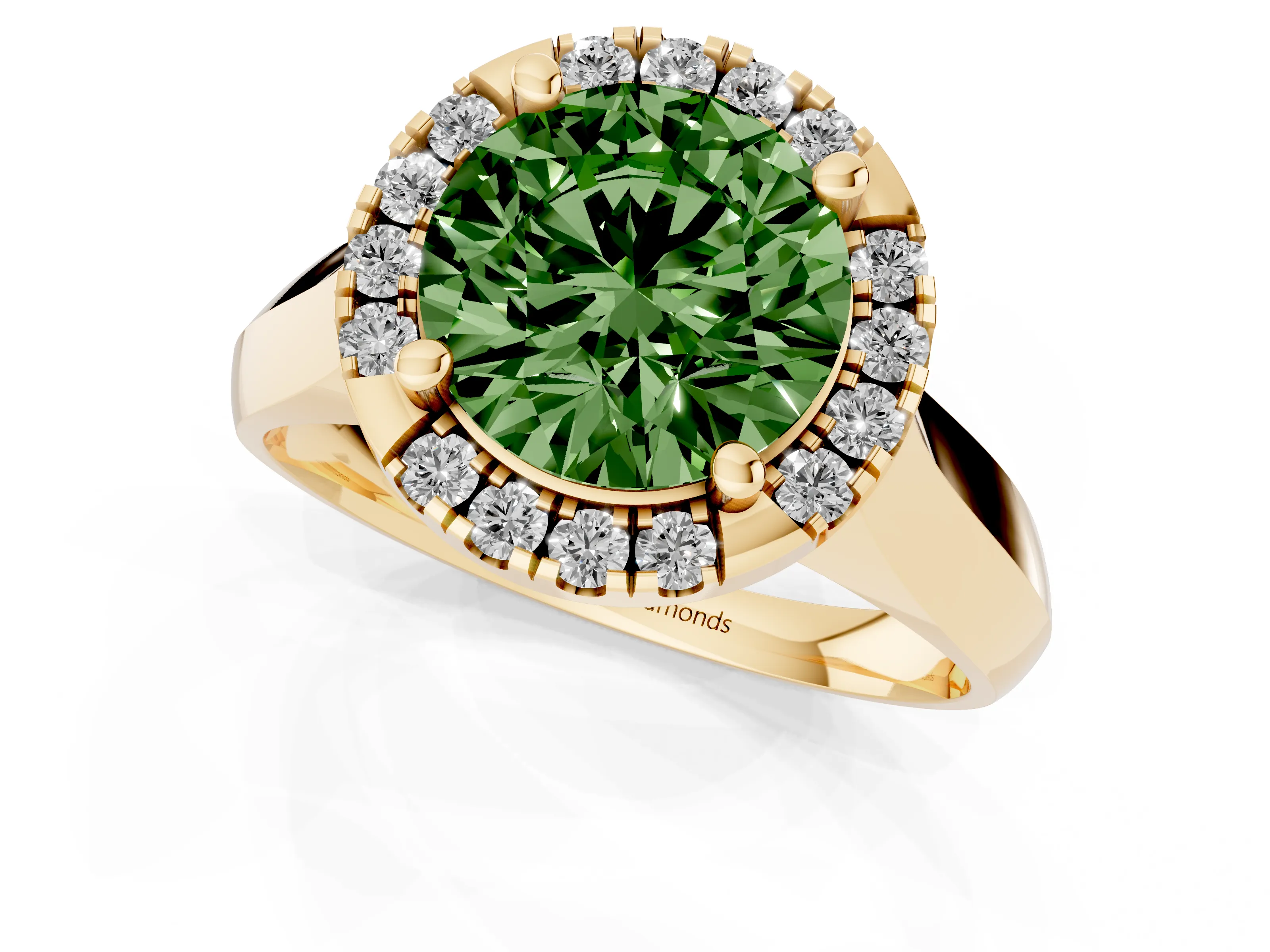 Fancy Green Round Cut Diamond Halo Solitaire Engagement Ring Set in Yellow gold with Square Band and Prong Setting