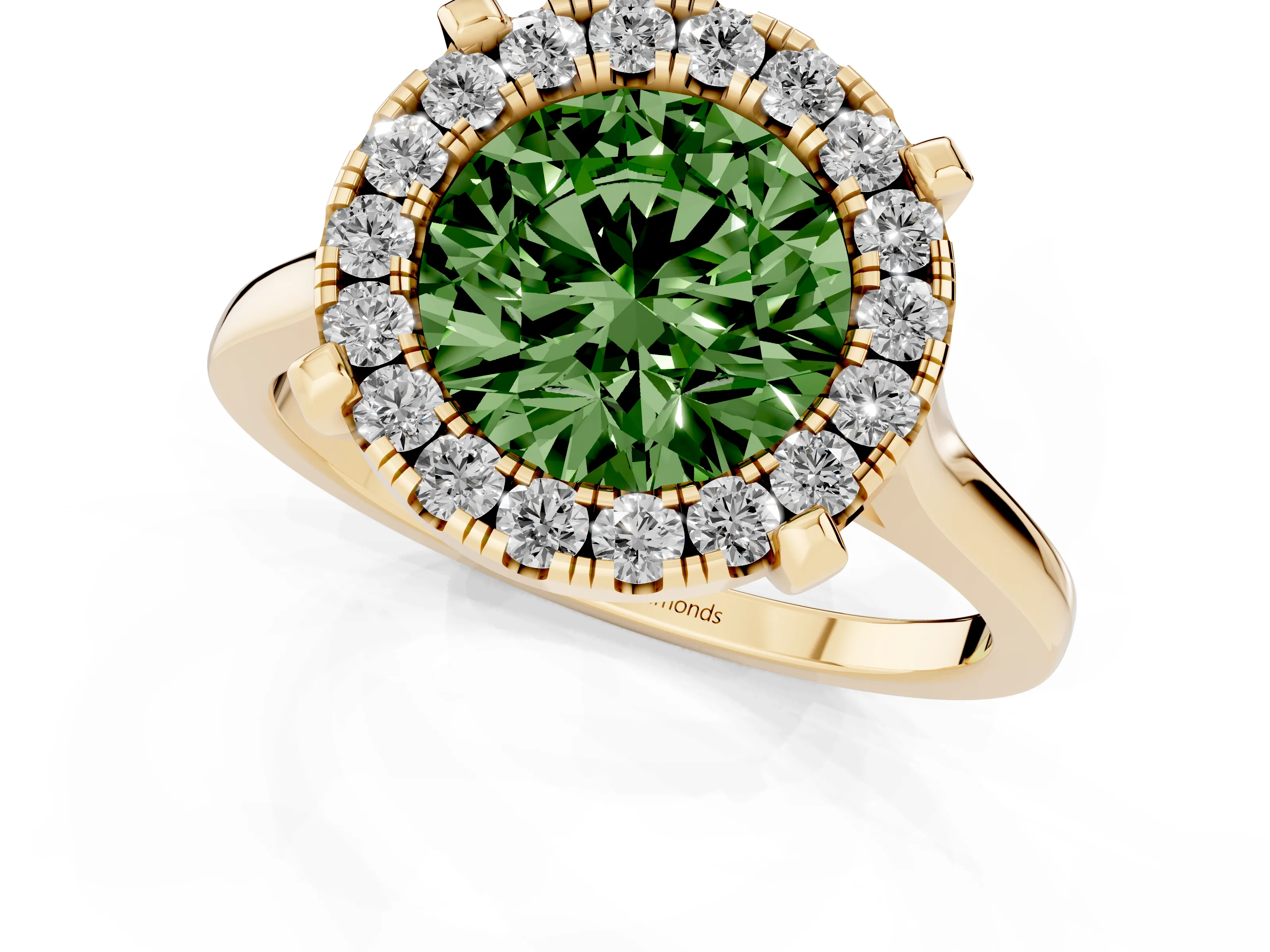 Fancy Green Round Cut Diamond Cluster Halo Solitaire Ring Set in Yellow gold with Prong Setting