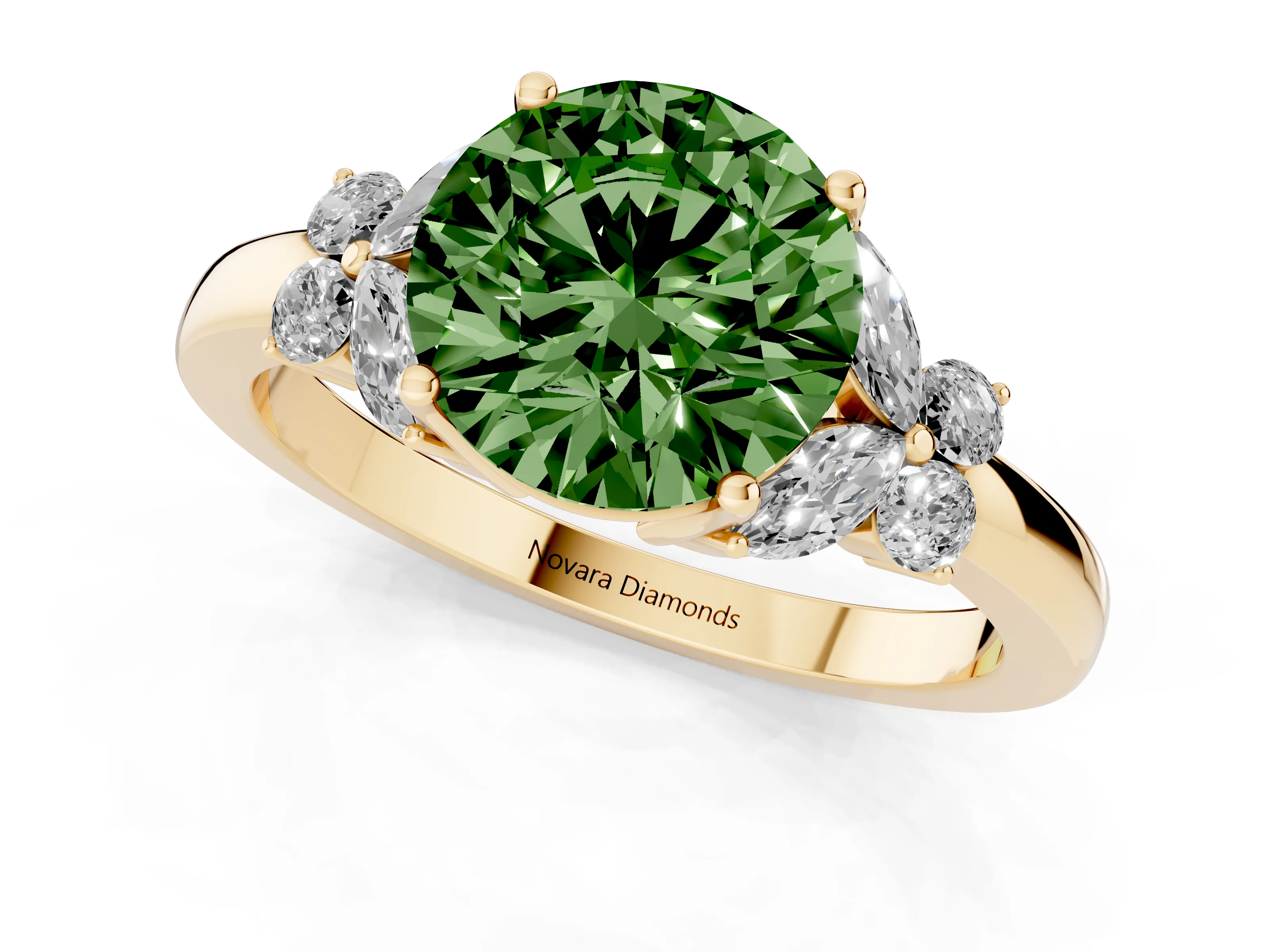 Fancy Green Round Cut Diamond Solitaire Floral Ring Set in Yellow gold with Marquise Petals and Prong Setting