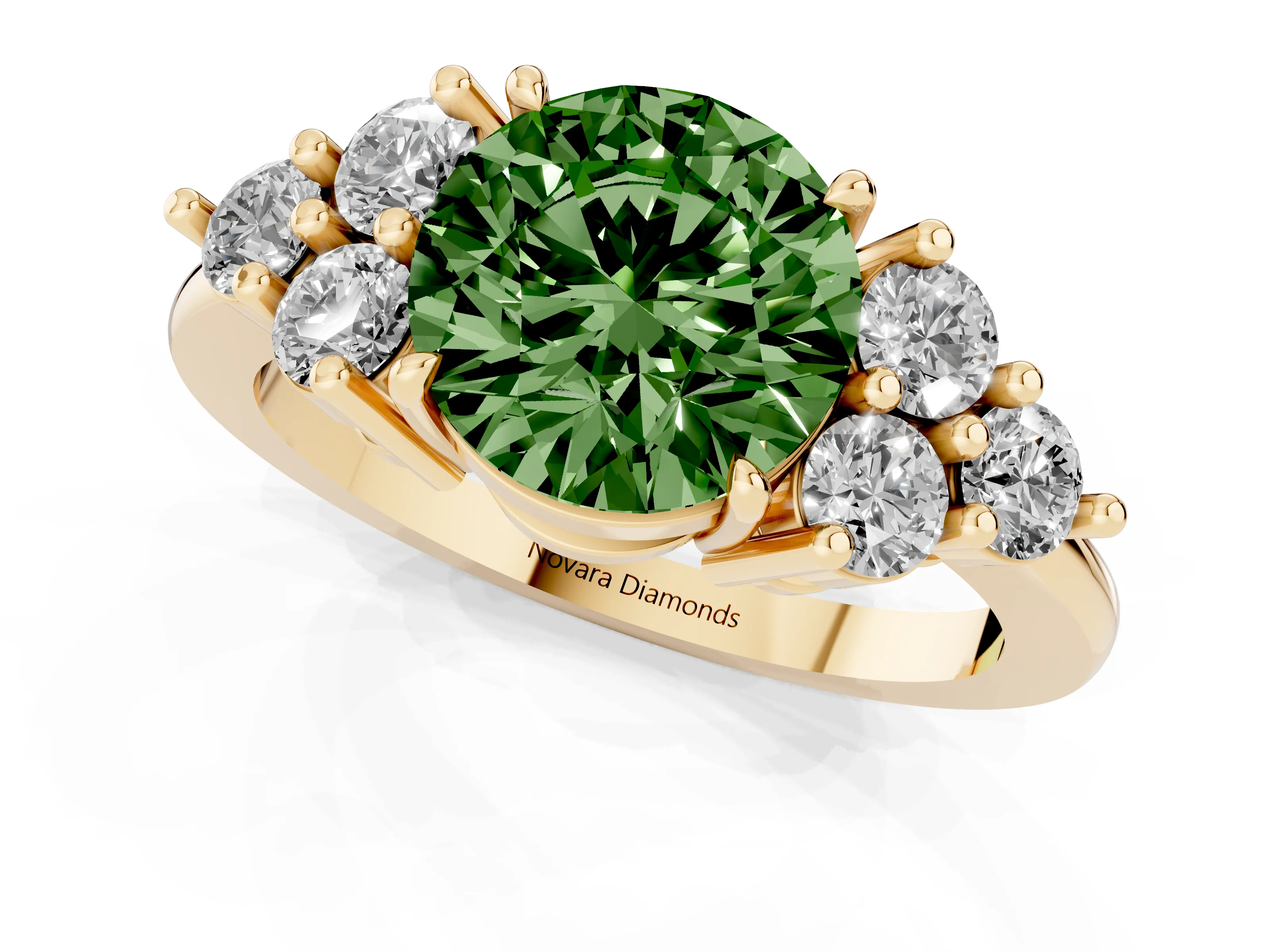 Fancy Green Round Cut Diamond Solitaire Ring Set in Yellow gold with Cluster Accents on Each Side