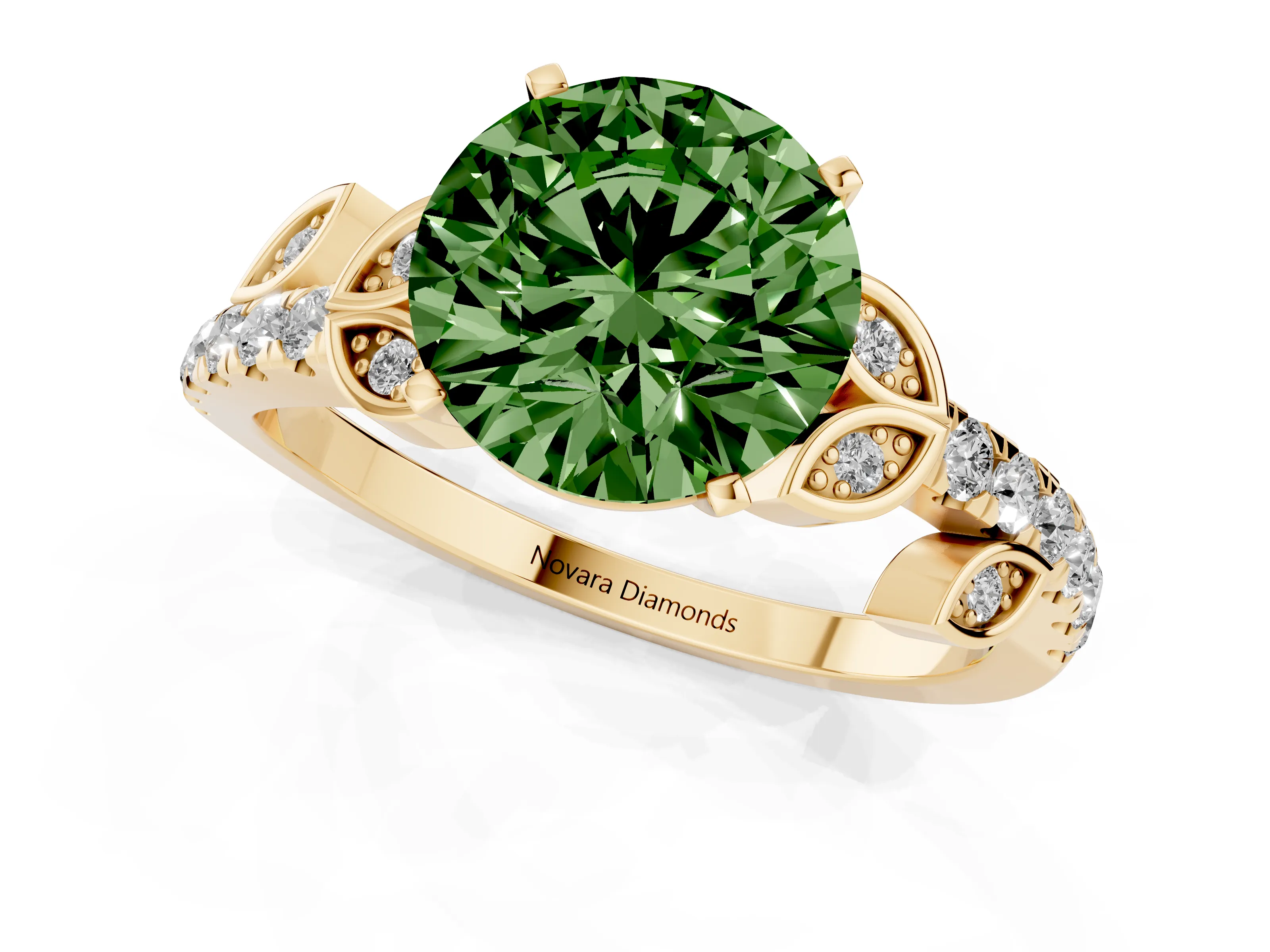 Fancy Green Round Cut Diamond Solitaire Leaf-Inspired Ring Set in Yellow gold with Pavé Band and Prong Setting