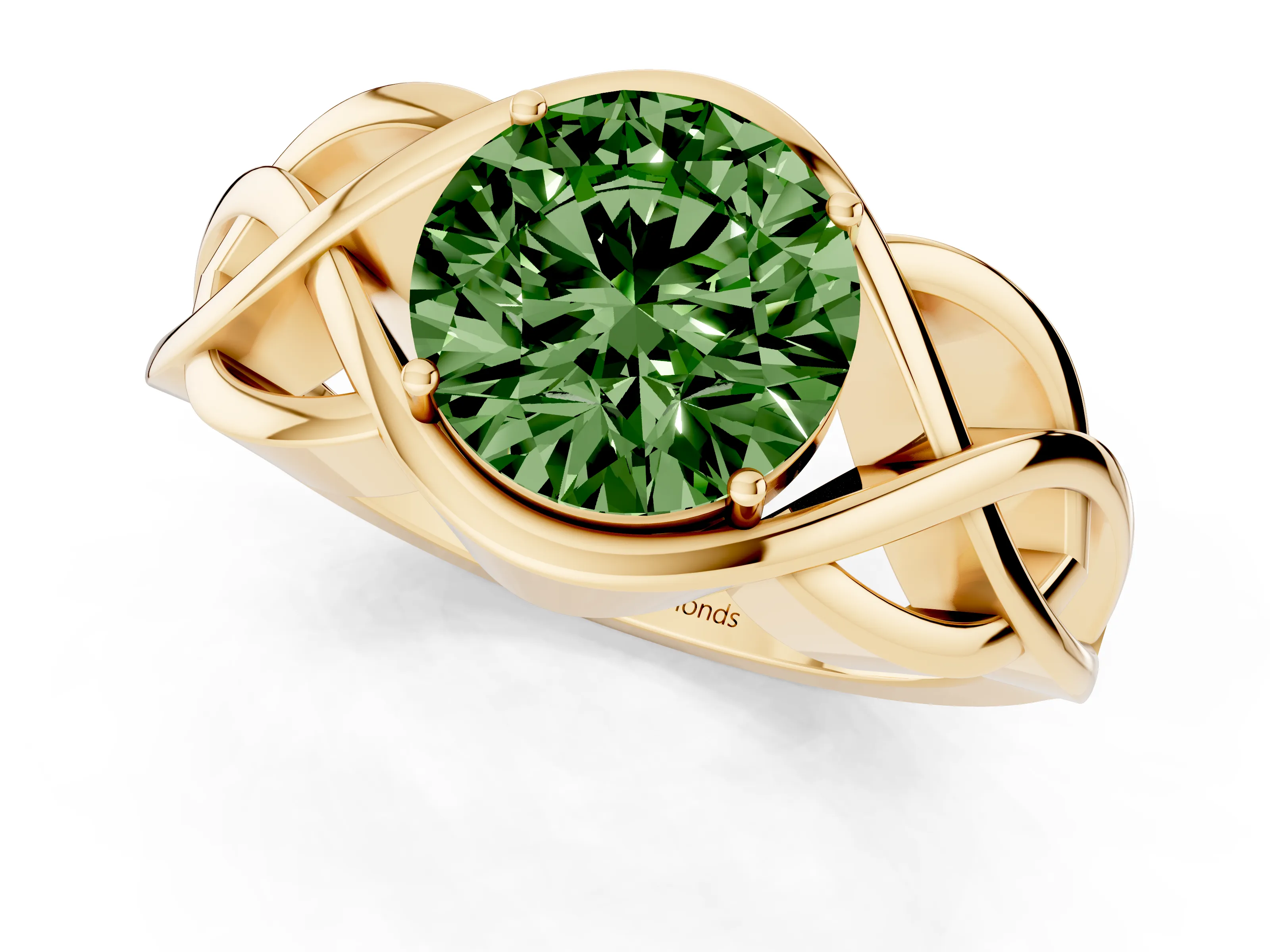 Fancy Green Round Cut Diamond Solitaire Ring Set in Yellow gold with Intertwined Band