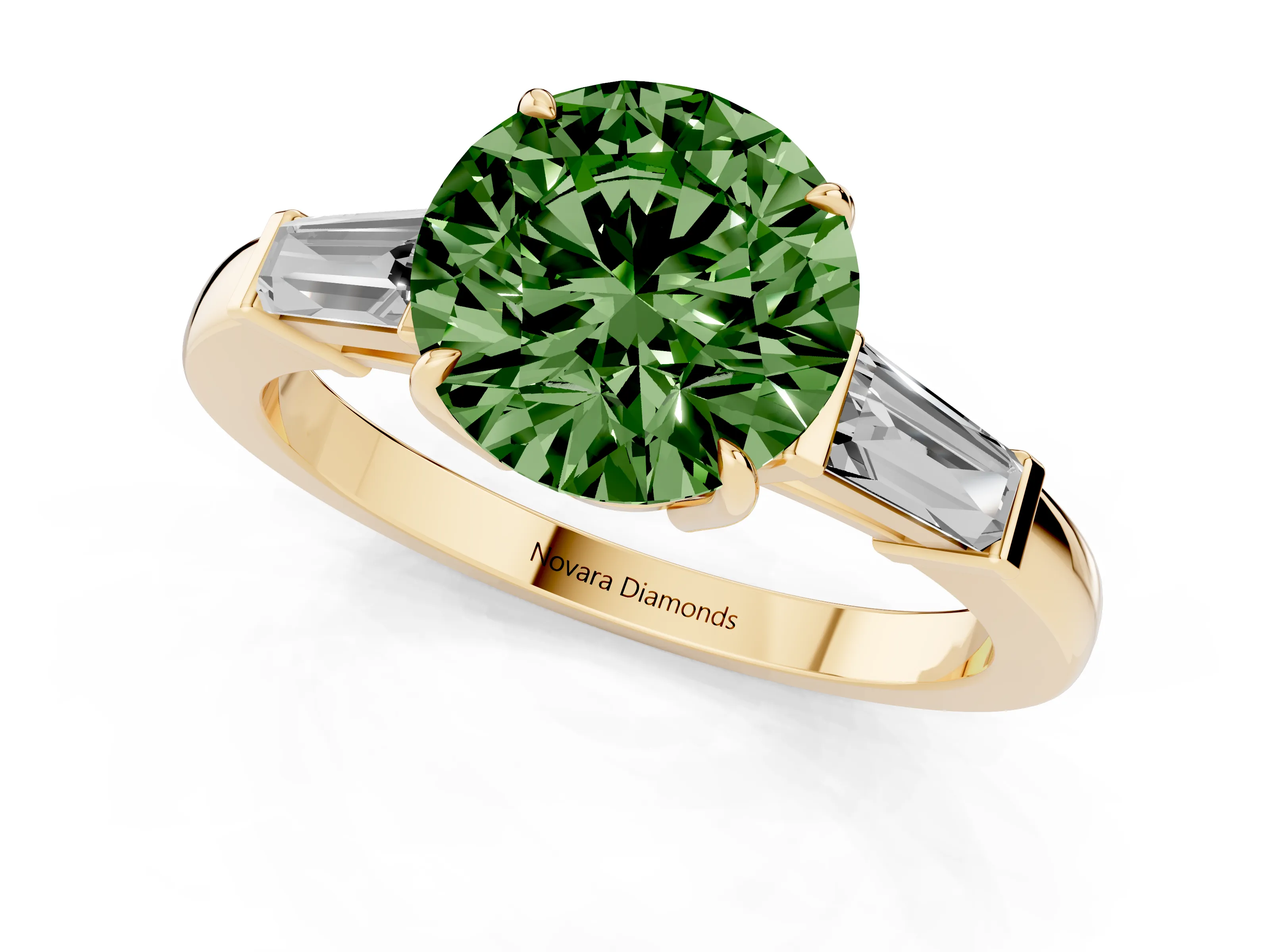 Fancy Green Round Cut Diamond Three-Stone Ring Set in Yellow gold with Tapered Baguette Side Stones and Prong Setting