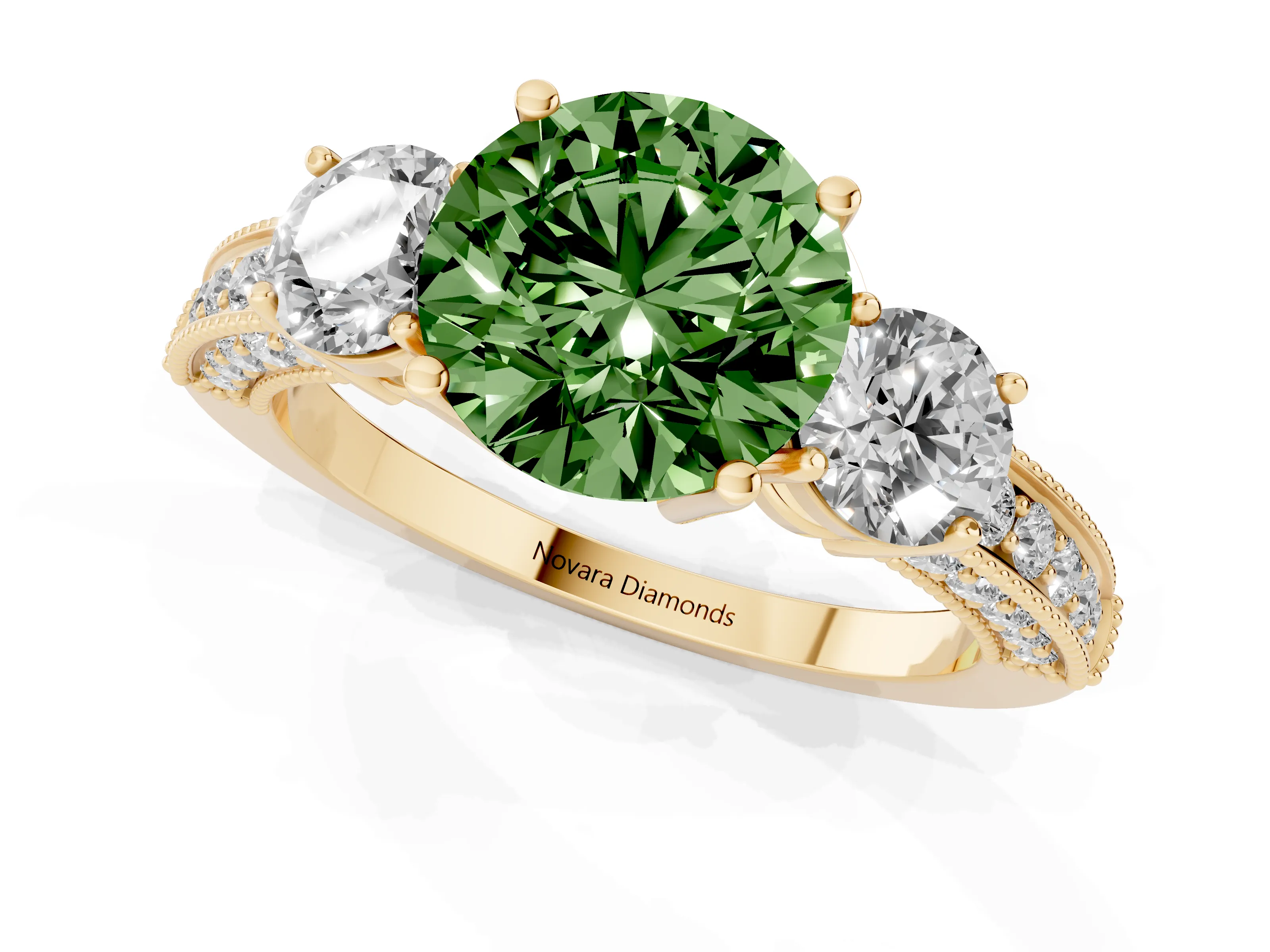 Fancy Green Round Cut Diamond Three-Stone Ring Set in Yellow gold with Round Side Stones and Pavé Band