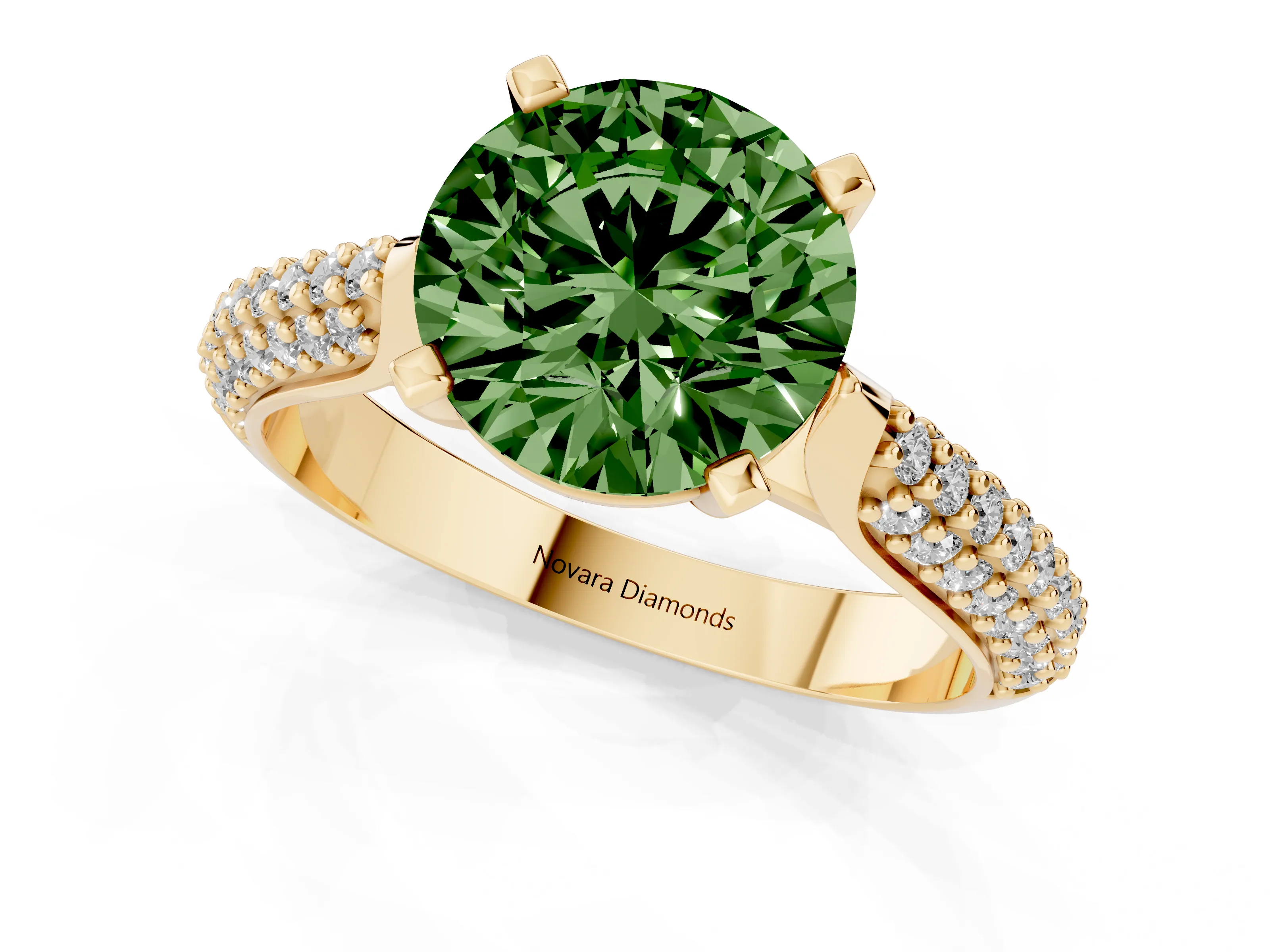 Fancy Green Round Cut Diamond Solitaire Engagement Ring Set in Yellow gold with Multi-Row Round Pavé Band and Prong Setting