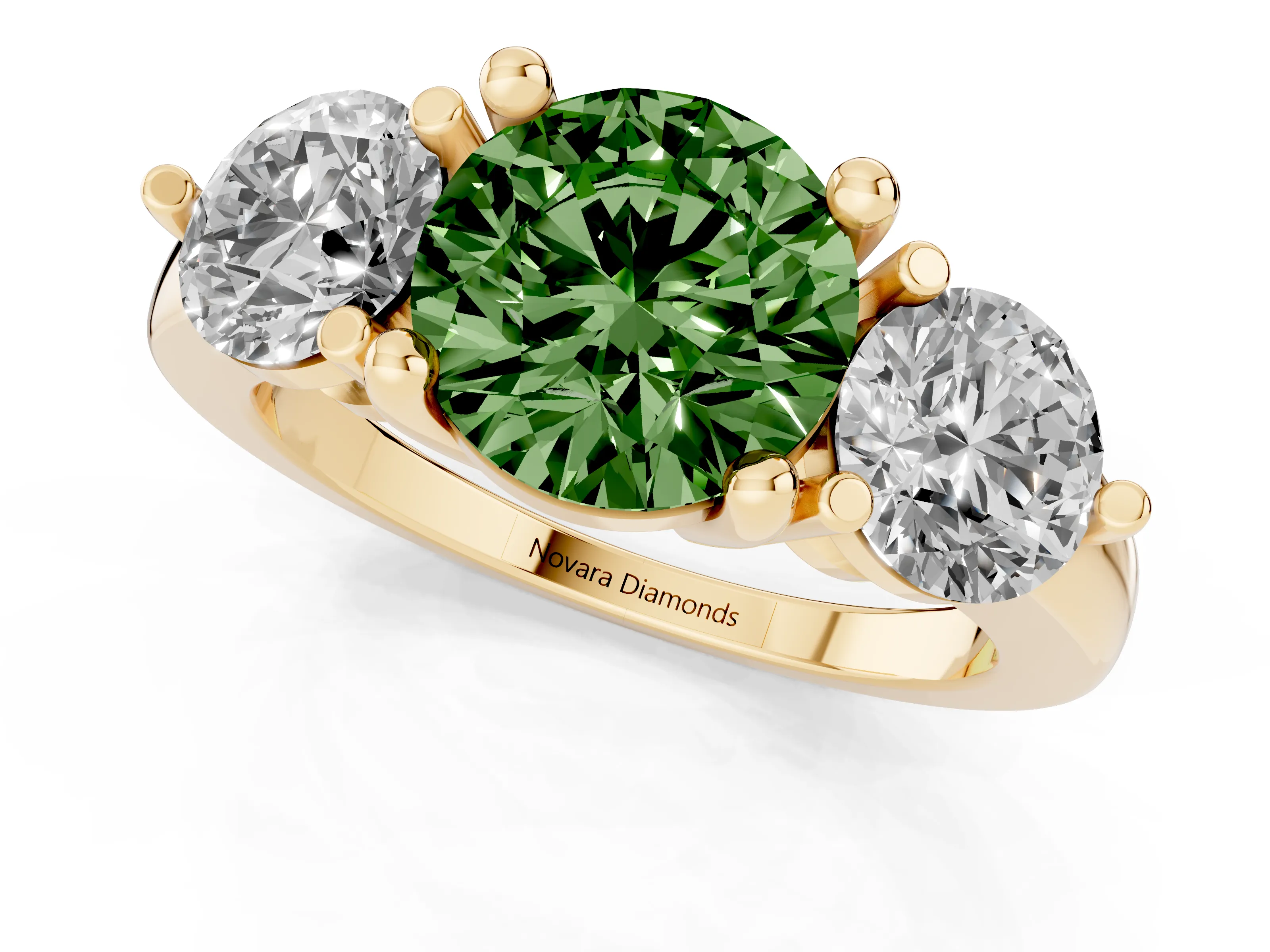 Fancy Green Round Cut Diamond Three-Stone Ring Set in Yellow gold with Prong Setting and Classic Band
