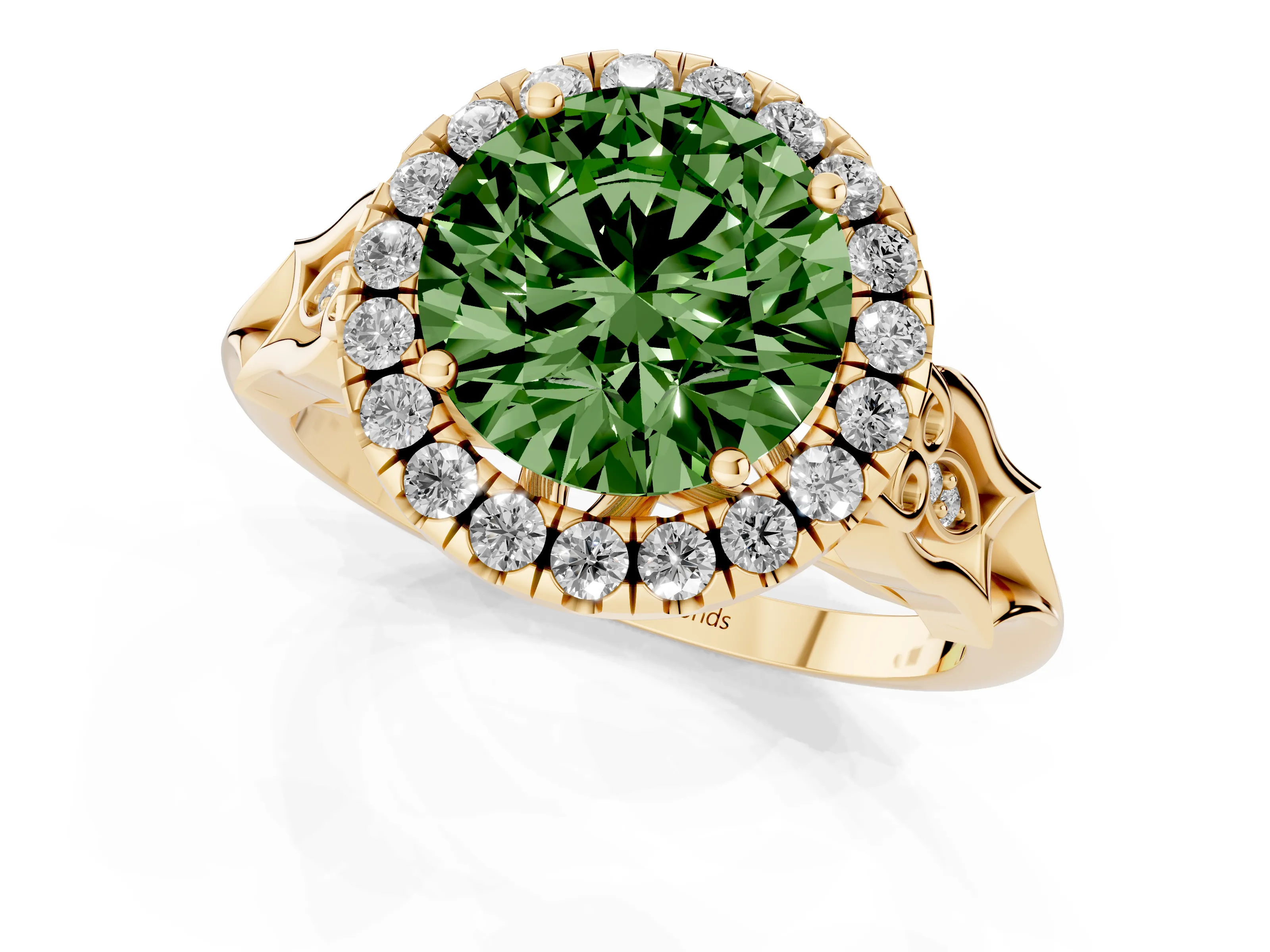 Fancy Green Round Cut Diamond Halo Engagement Ring Set in Yellow gold with Filigree Band and Prong-Set Center