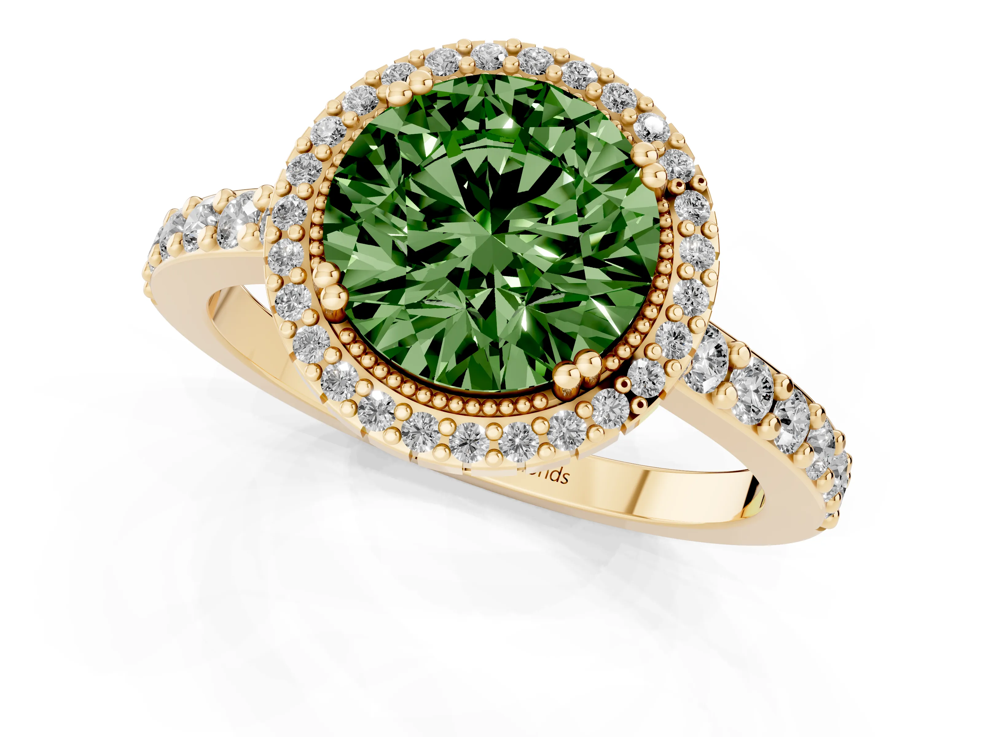 Fancy Green Round Cut Diamond Halo Engagement Ring Set in Yellow gold with Milgrain Detail and Pavé Band