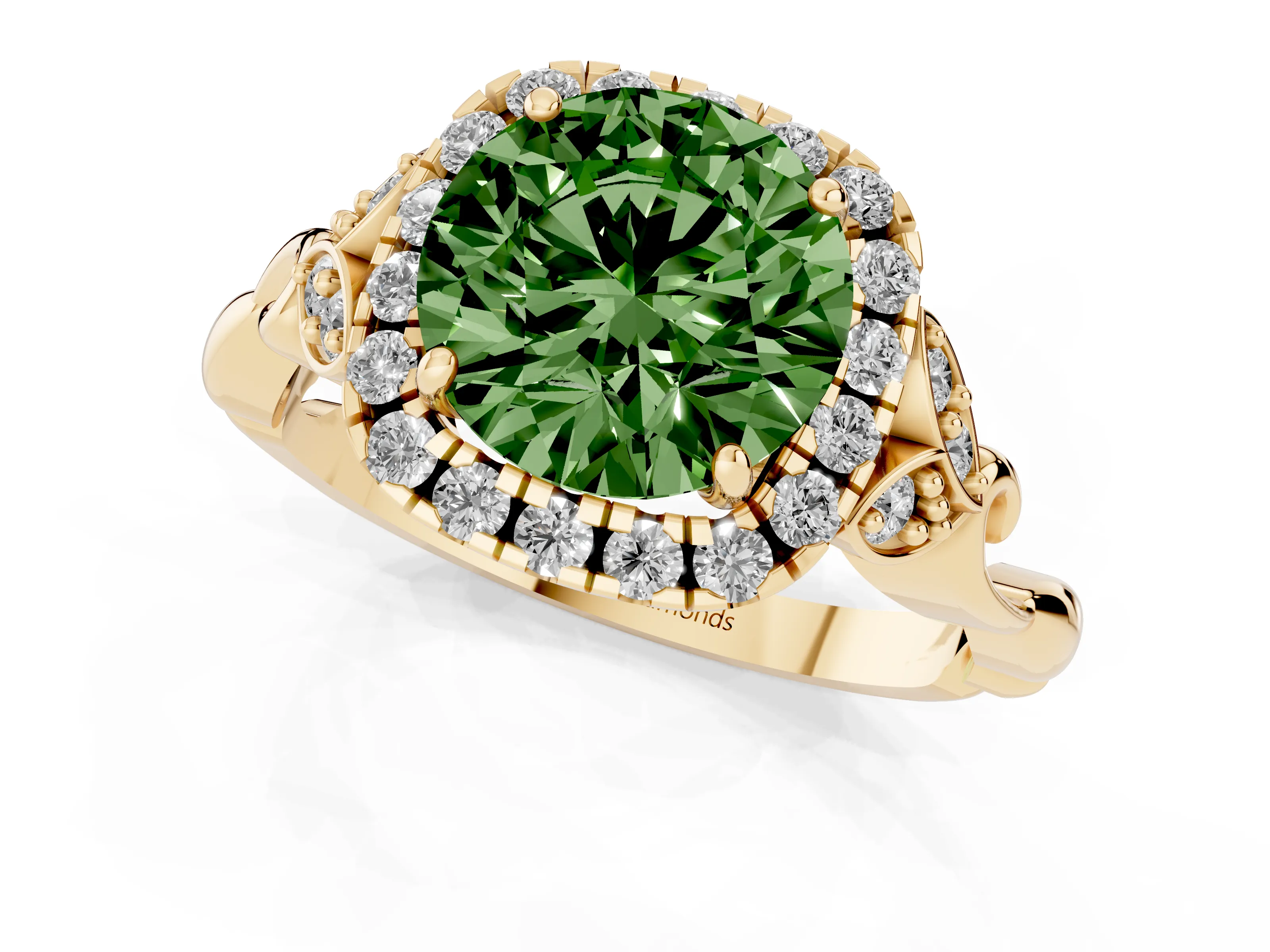 Fancy Green Round Cut Diamond Halo Engagement Ring Set in Yellow gold with Vintage-Inspired Band and Prong Setting