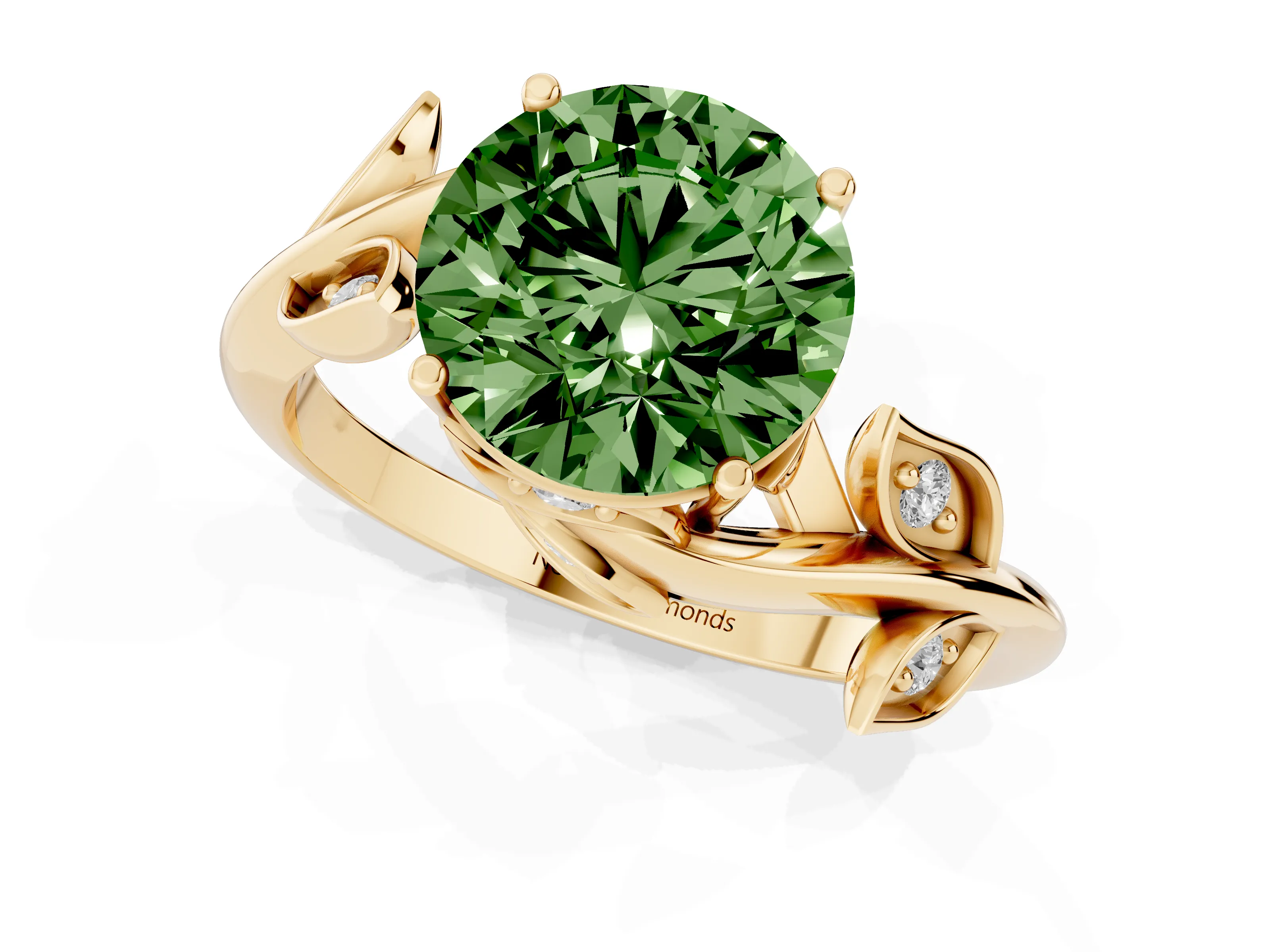 Fancy Green Round Cut Diamond Solitaire Twist Engagement Ring Set in Yellow gold with Pavé Leaf Accents