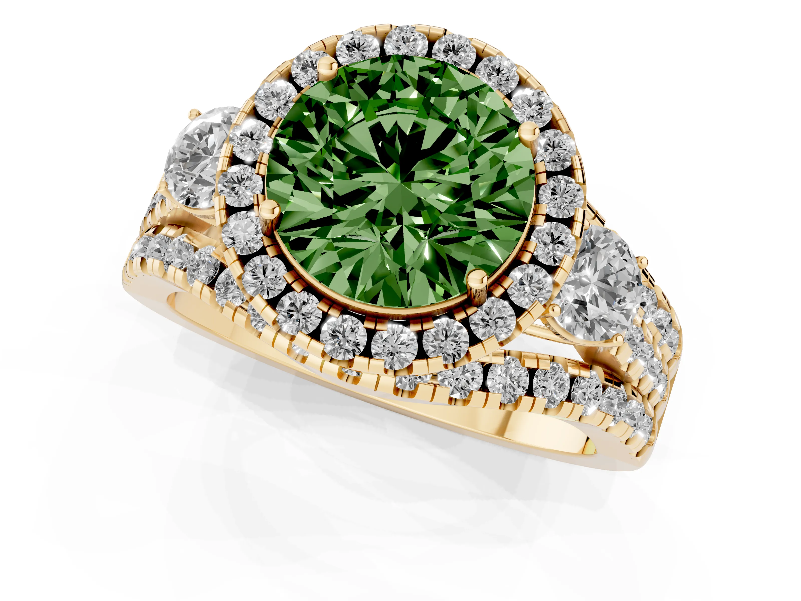 Fancy Green Round Cut Diamond Halo Split Shank Ring Set in Yellow gold with Round Accent Stones and Prong Setting