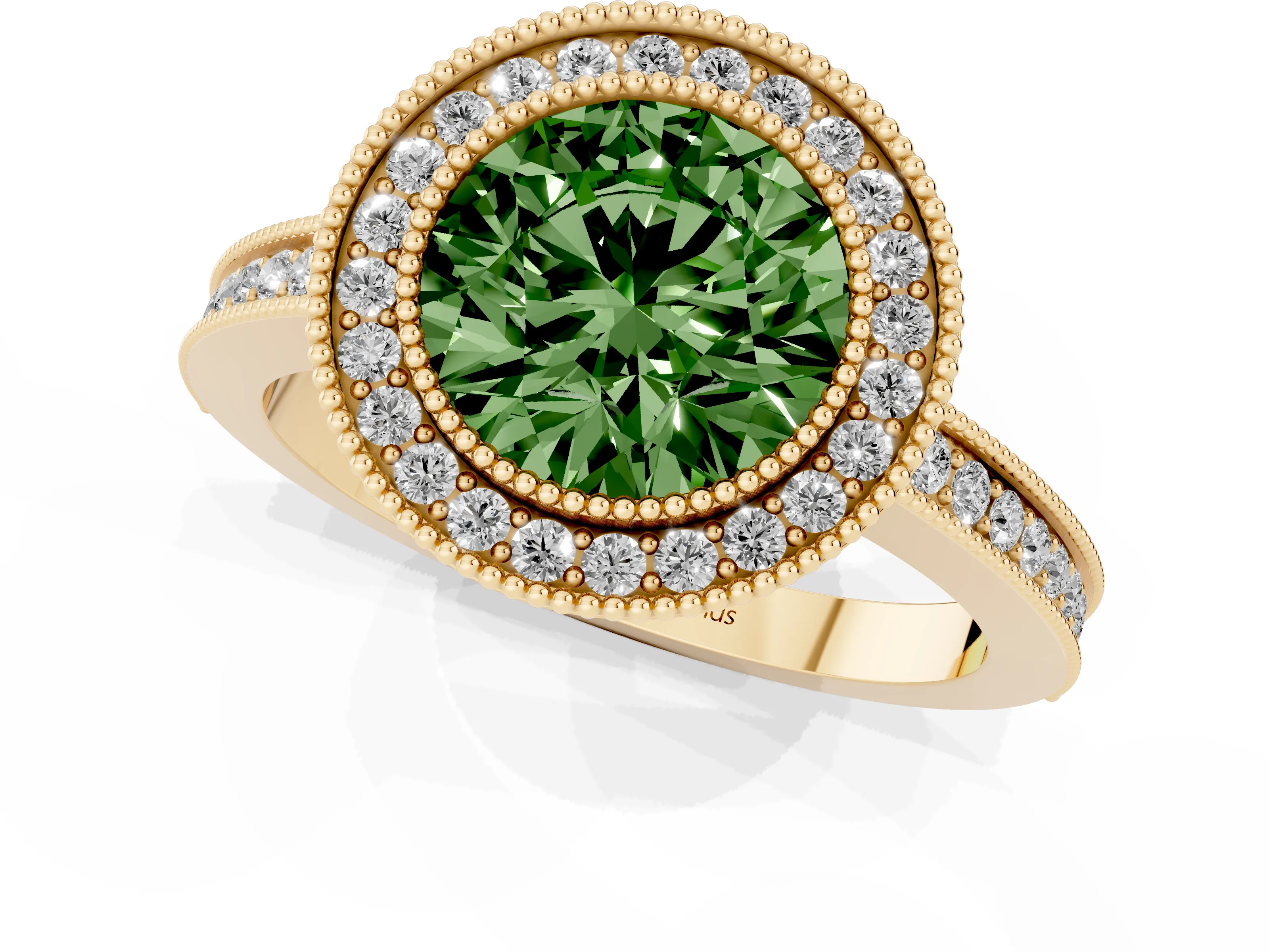 Fancy Green Round Cut Diamond Halo Ring Set in Yellow gold with Pavé Band and Milgrain-Edged Prongs