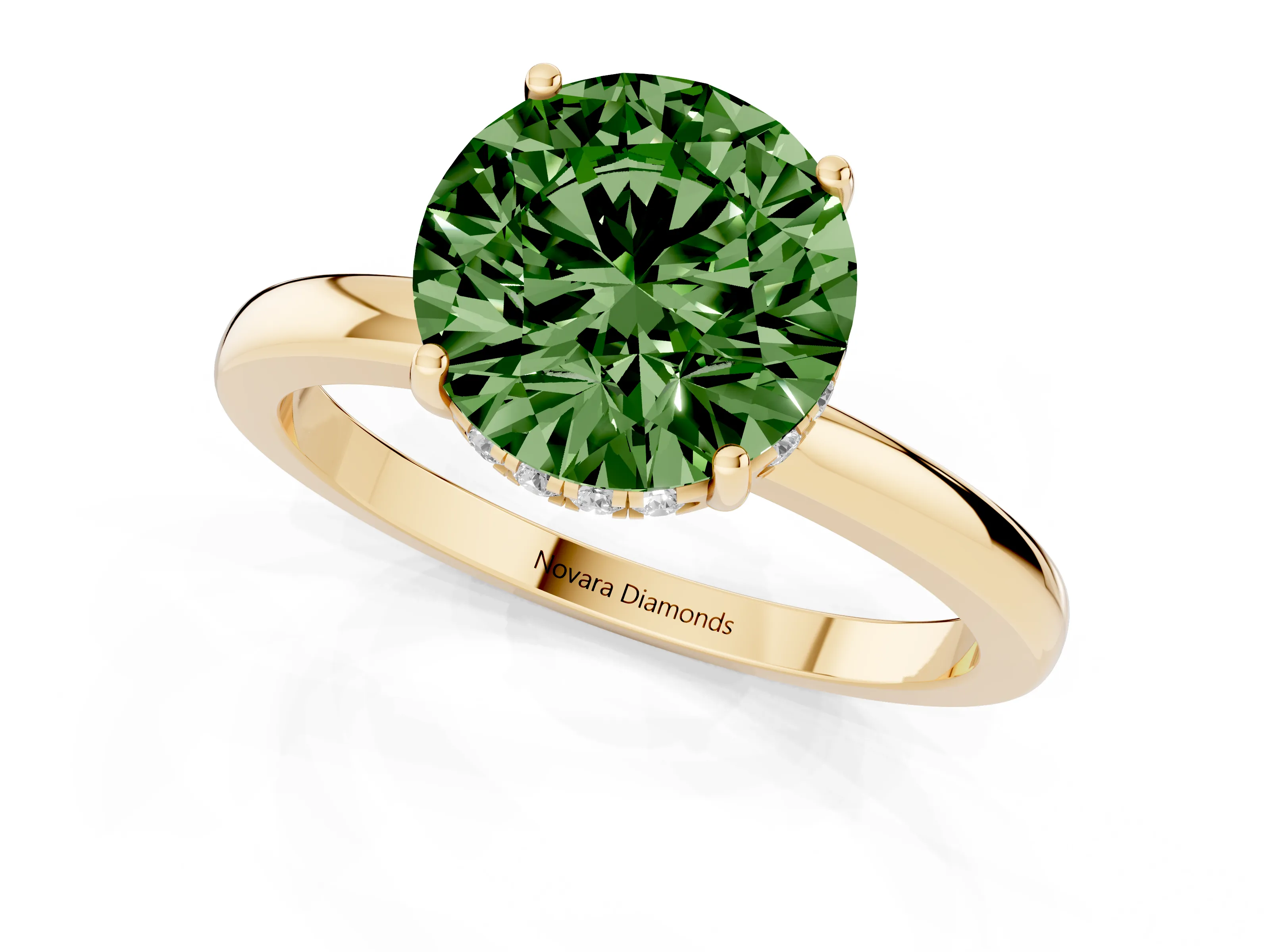 Fancy Green Round Cut Diamond Solitaire Ring Set in Yellow gold with Plain Band and Prong Setting