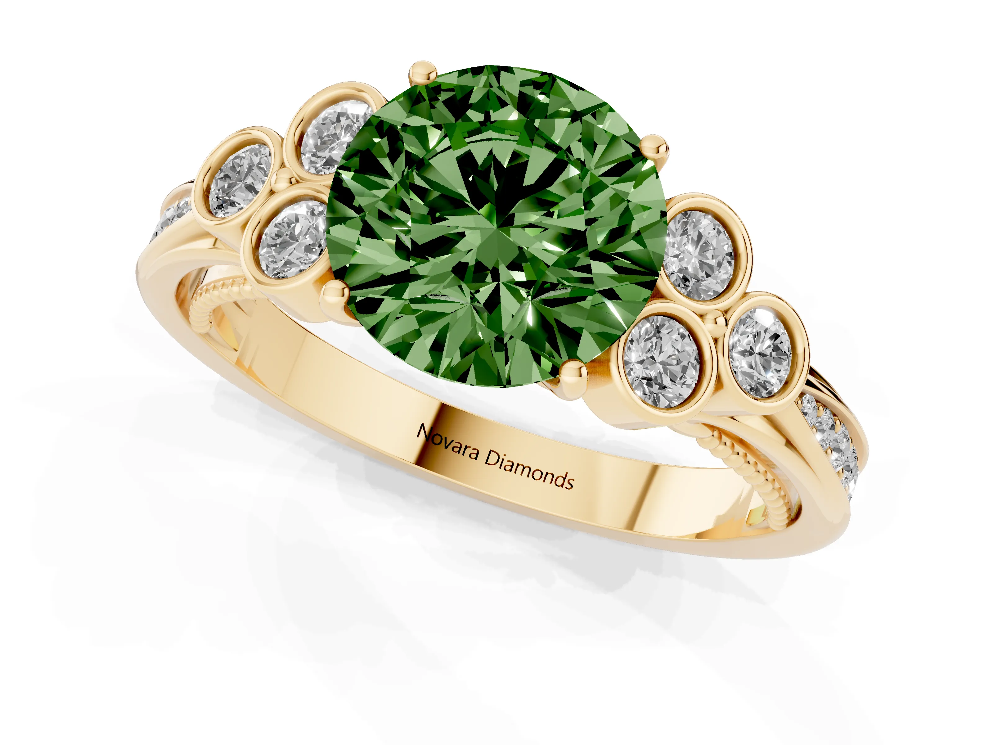 Fancy Green Round Cut Diamond Engagement Ring Set in Yellow gold with Bezel Set Round Side Stones and Prong Setting