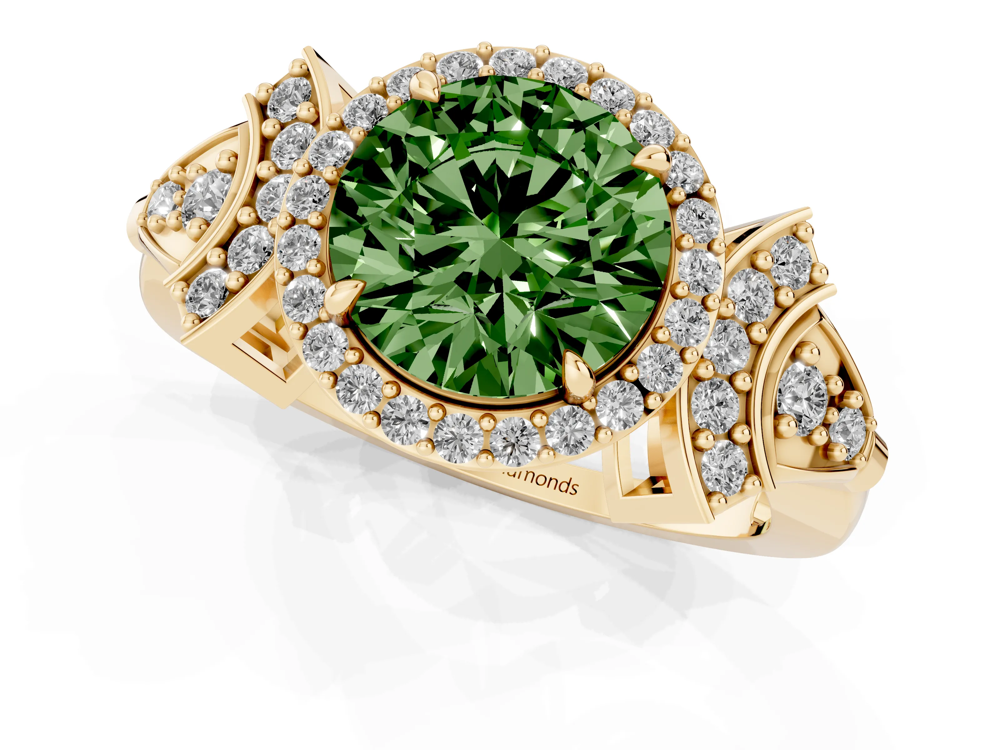 Fancy Green Round Cut Diamond Halo Engagement Ring Set in Yellow gold with Accent Stone Split Shank