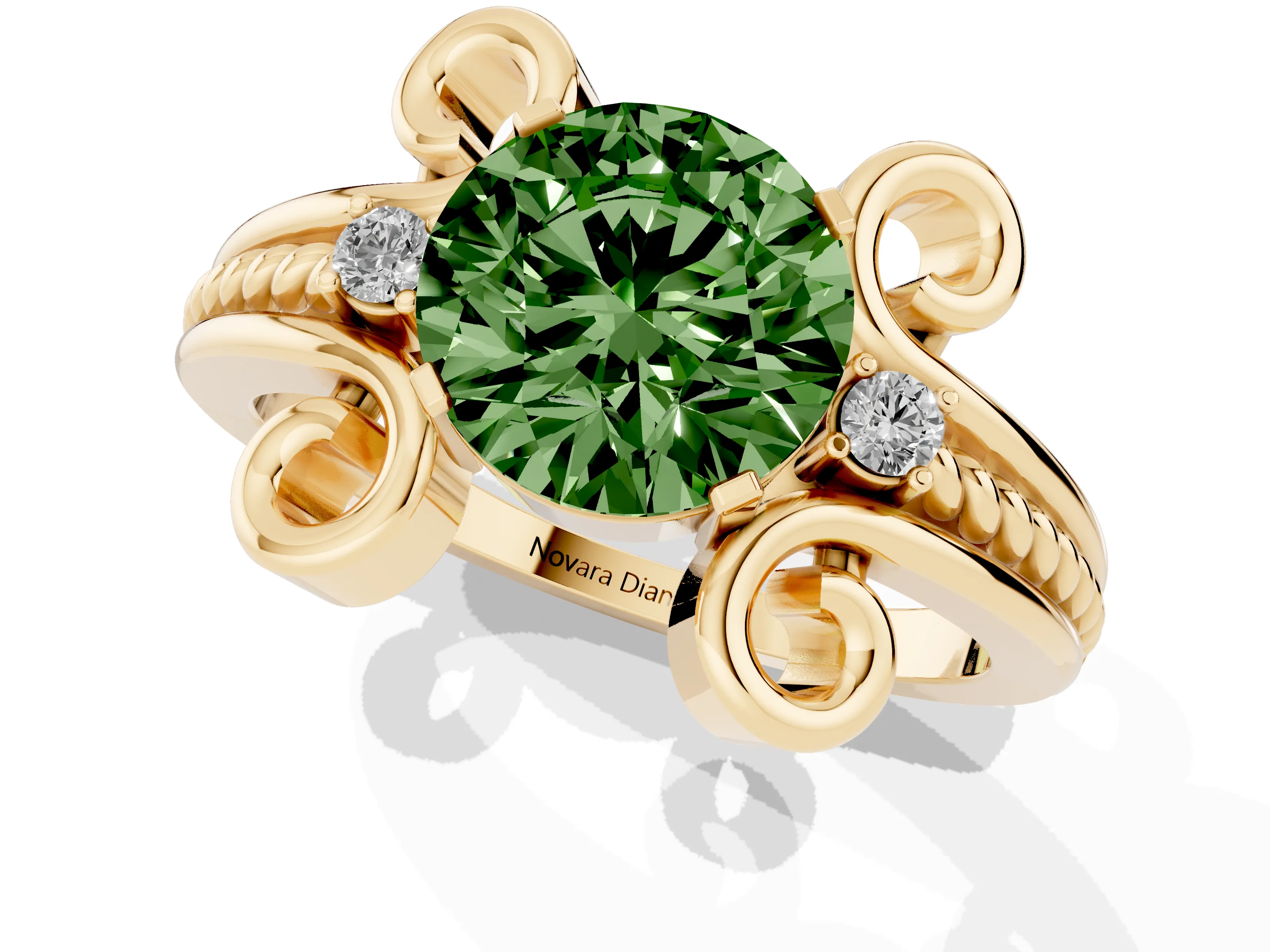 Fancy Green Round Cut Diamond Twisted Band Solitaire Ring Set in Yellow gold with Scroll Prongs