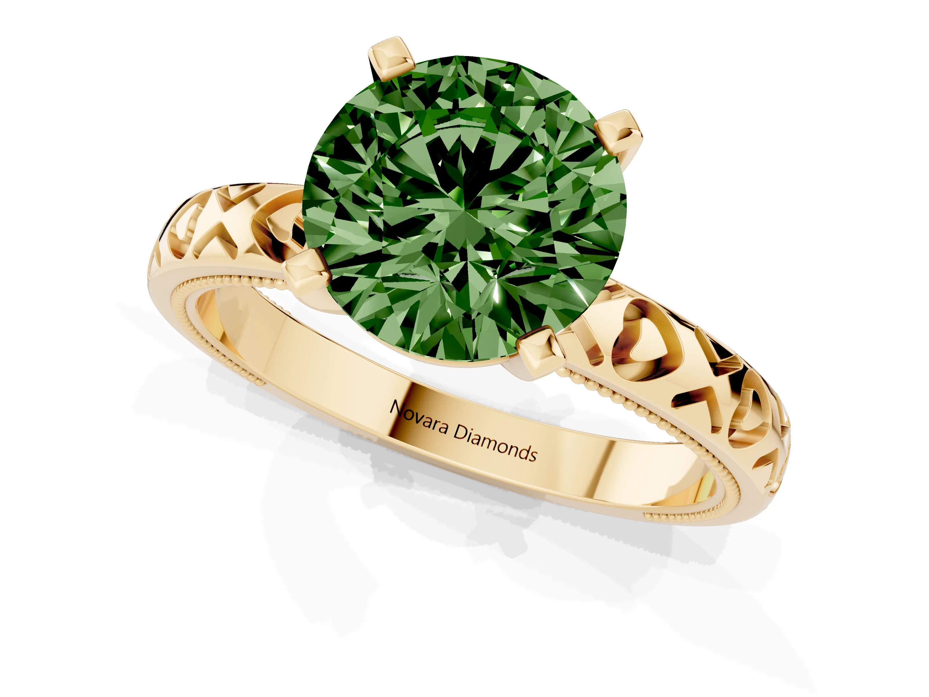 Fancy Green Round Cut Diamond Solitaire Engagement Ring Set in Yellow gold with XO Engraved Band and Prong Setting