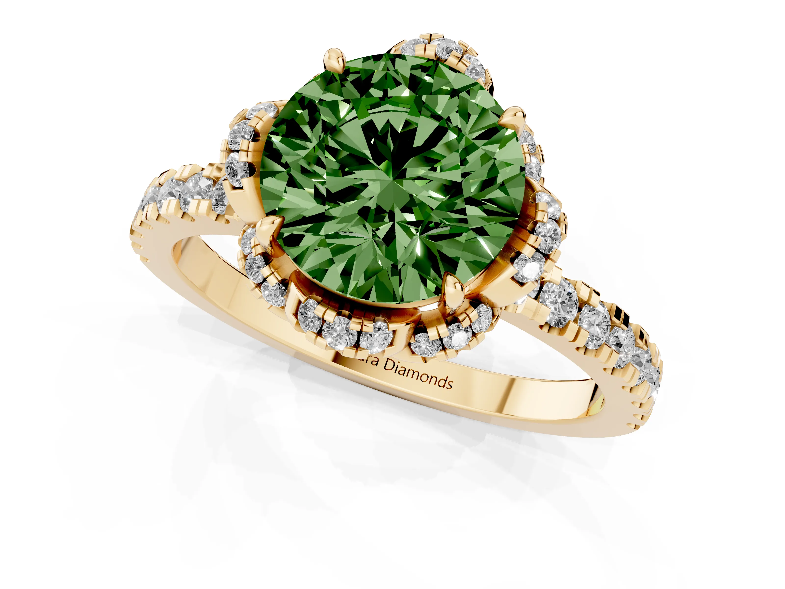 Fancy Green Round Cut Diamond Halo Pavé Band Ring Set in Yellow gold with Prong-Held Center