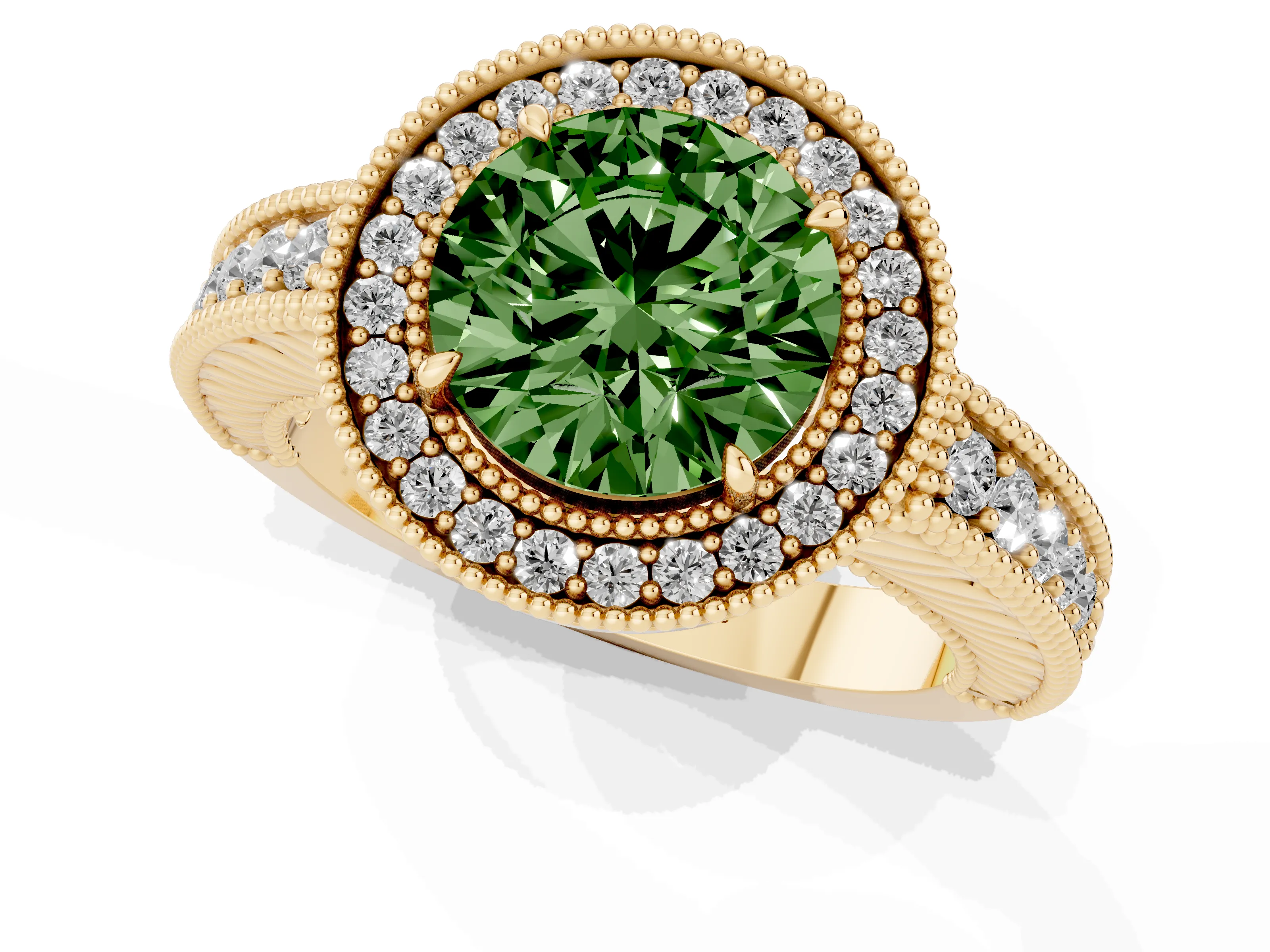 Fancy Green Round Cut Diamond Halo Ring Set in Yellow gold with Round Accent Halo, Pavé Band and Prong Setting