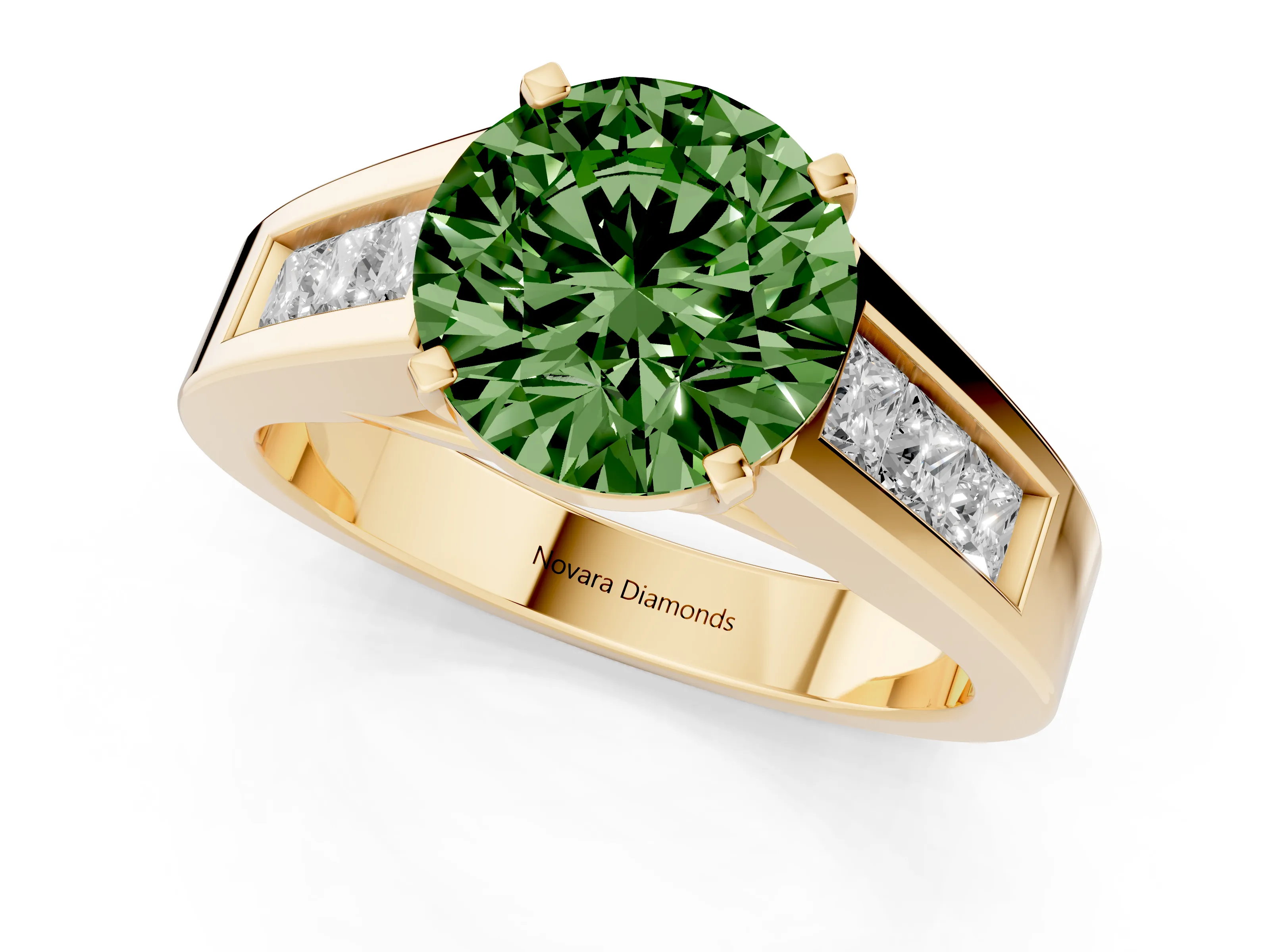 Fancy Green Round Cut Diamond Solitaire Ring Set in Yellow gold with Channel-Set Accent Stones and Prong Setting – second view