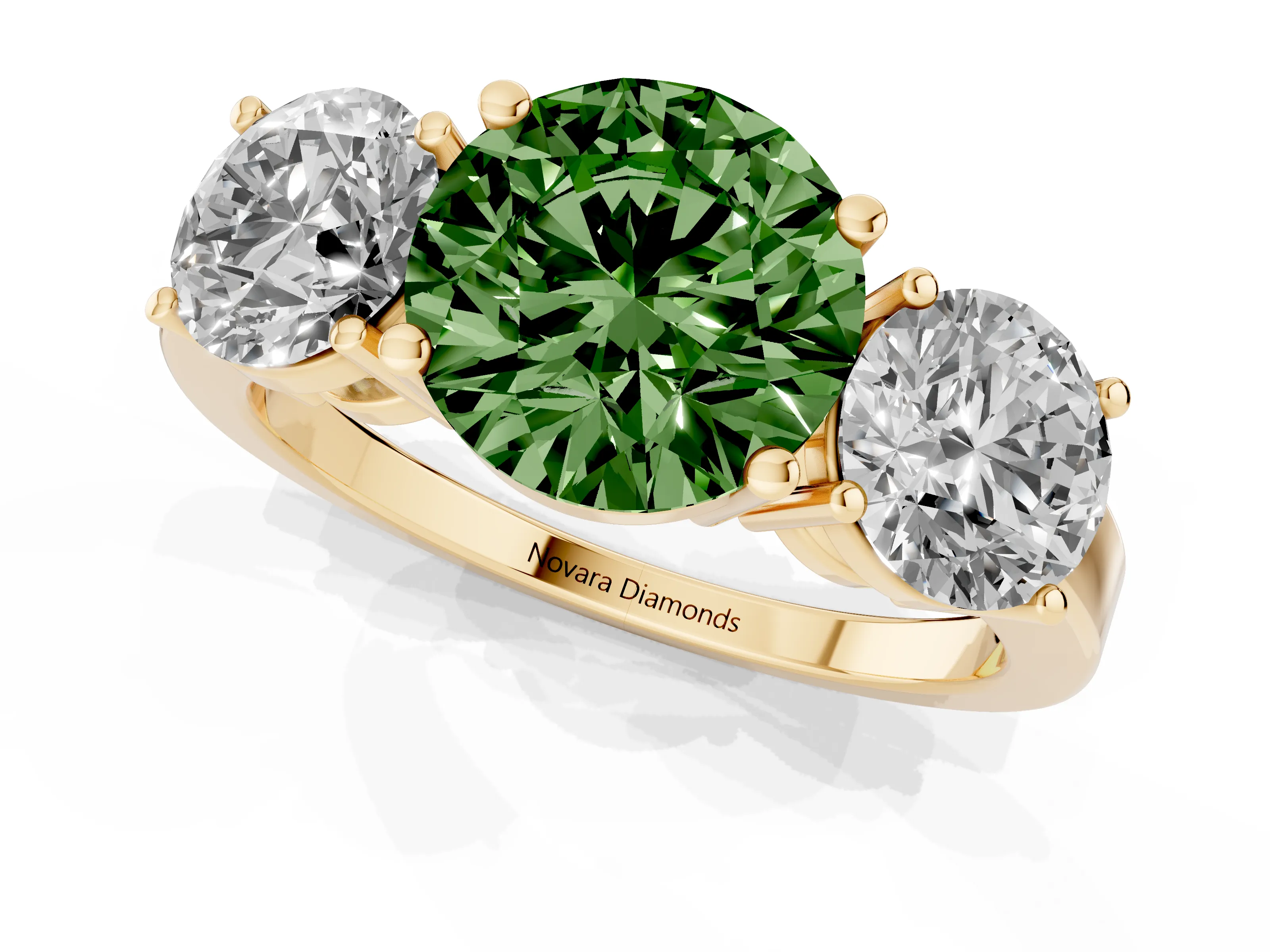 Fancy Green Round Cut Diamond Three-Stone Engagement Ring Set in Yellow gold with Flat Band